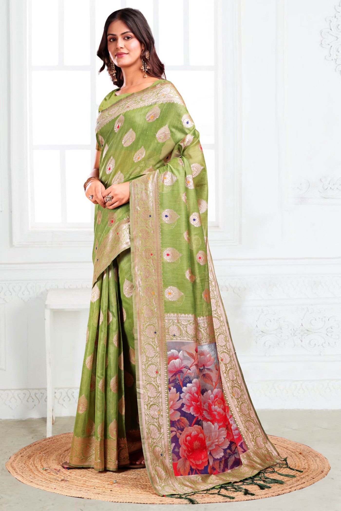 Buy MySilkLove Lime Green Woven Linen Cotton Saree Online