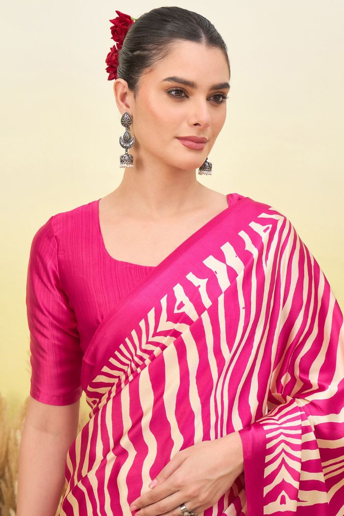 Buy MySilkLove Candy Pink Modal Ajrakh Satin Printed Silk Saree Online