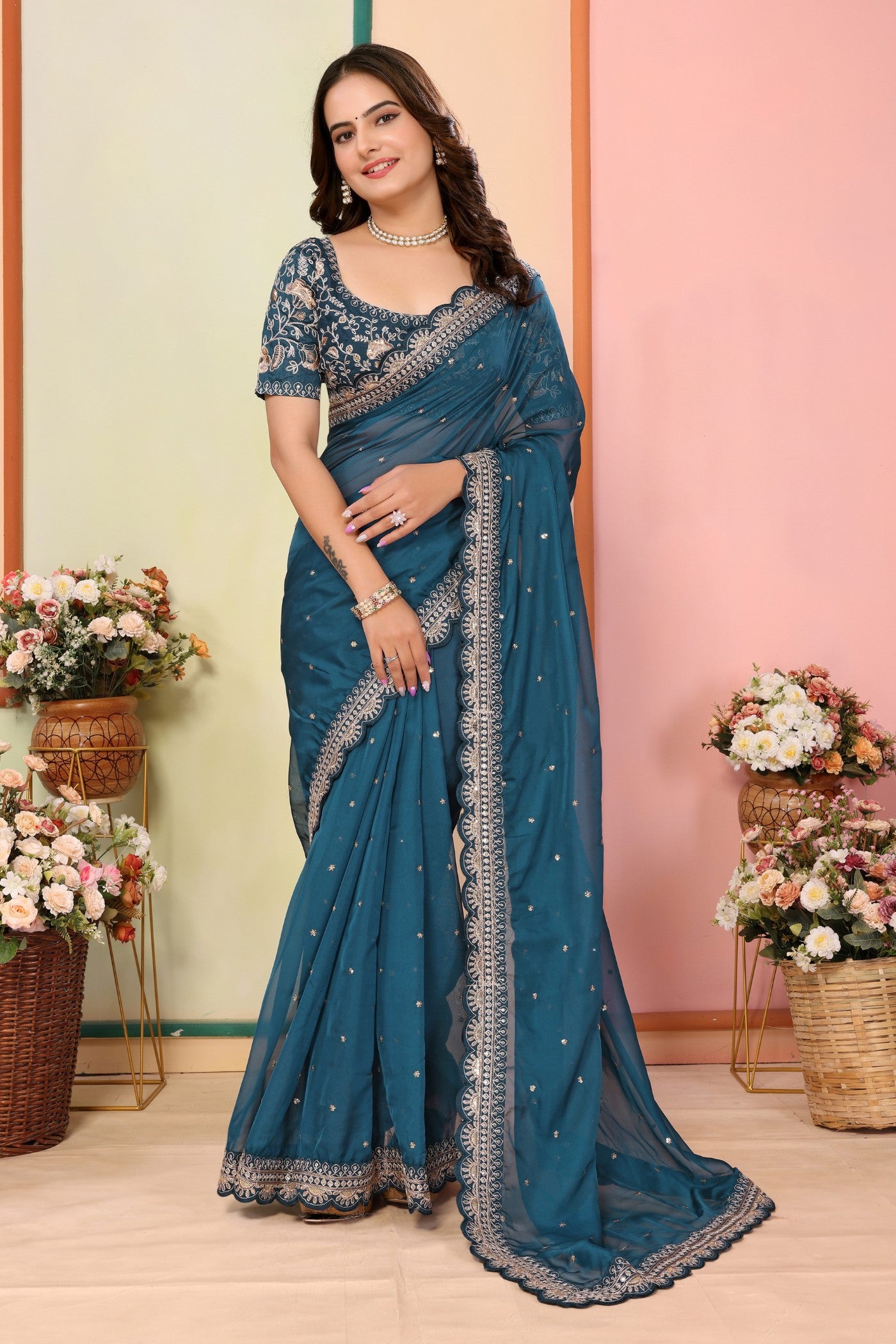Buy MySilkLove Powder Blue Organza Designer Partywear Saree Online