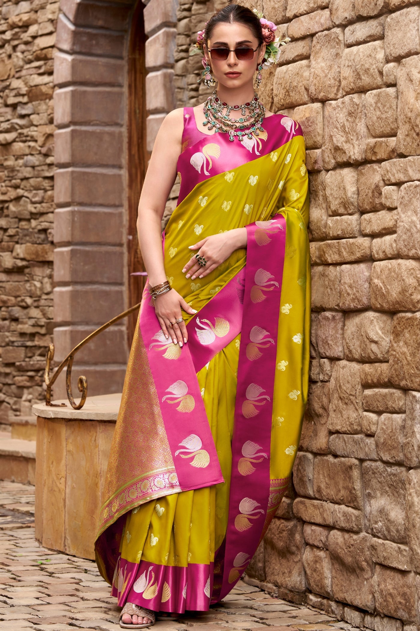 Buy MySilkLove Inchworm Green Woven Satin Soft Silk Saree Online