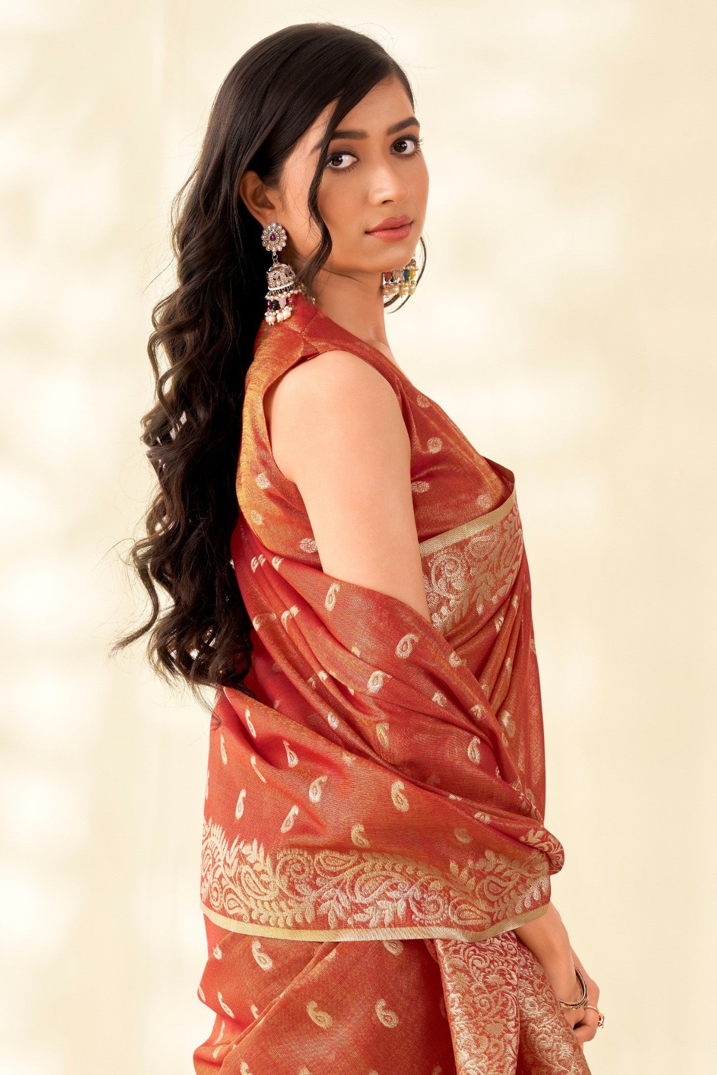 Buy MySilkLove Coral Orange Woven Tissue Linen Saree Online