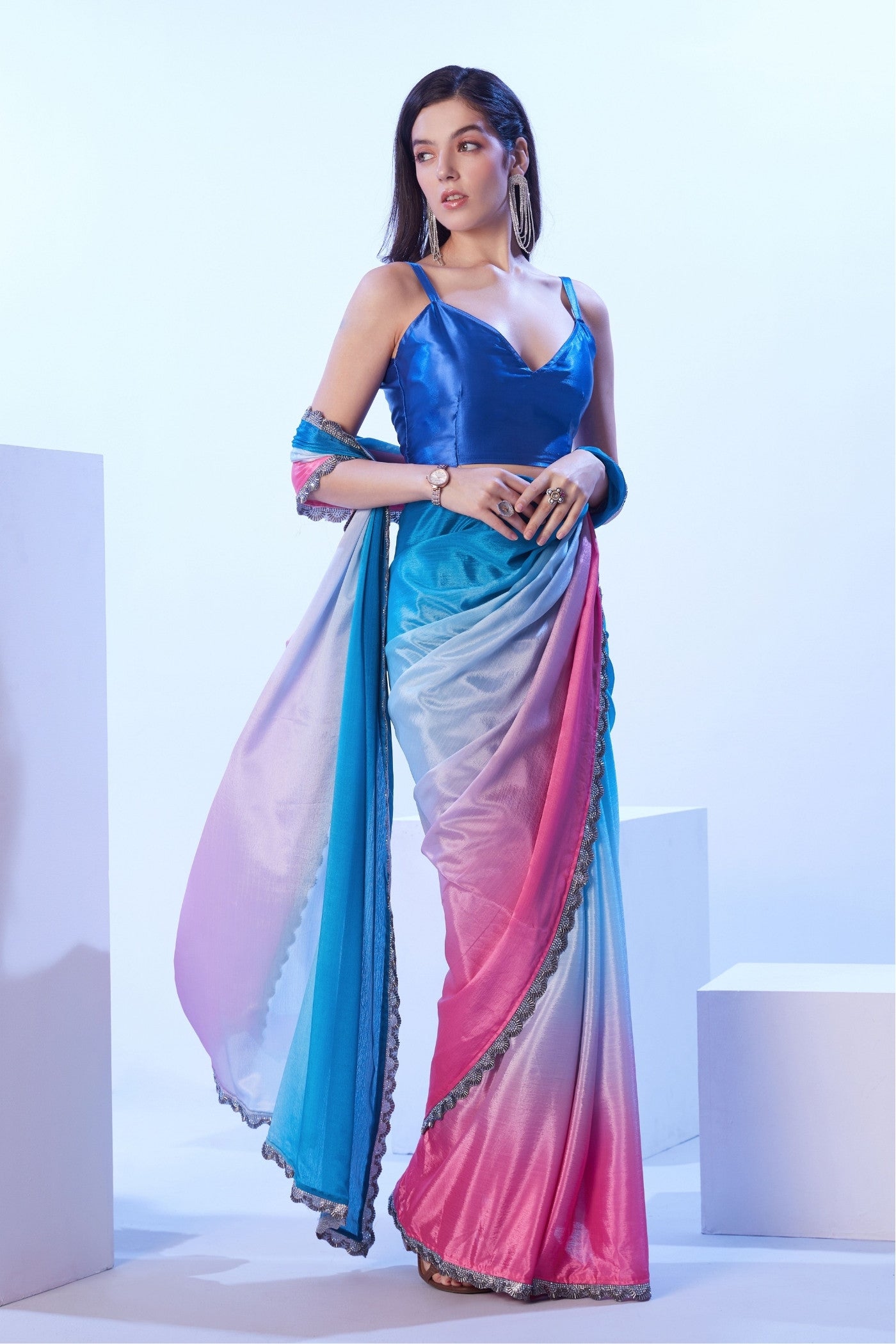 Buy MySilkLove Neon Blue and Pink Designer Partywear Saree Online