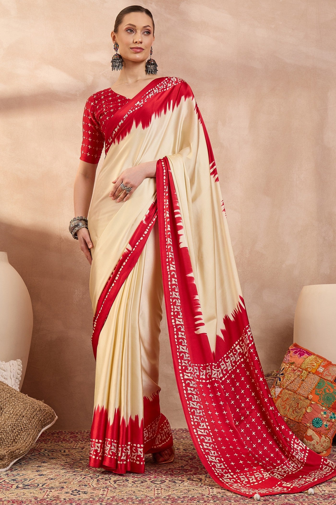Buy MySilkLove Seashell Cream Printed Satin Crepe Silk Saree Online