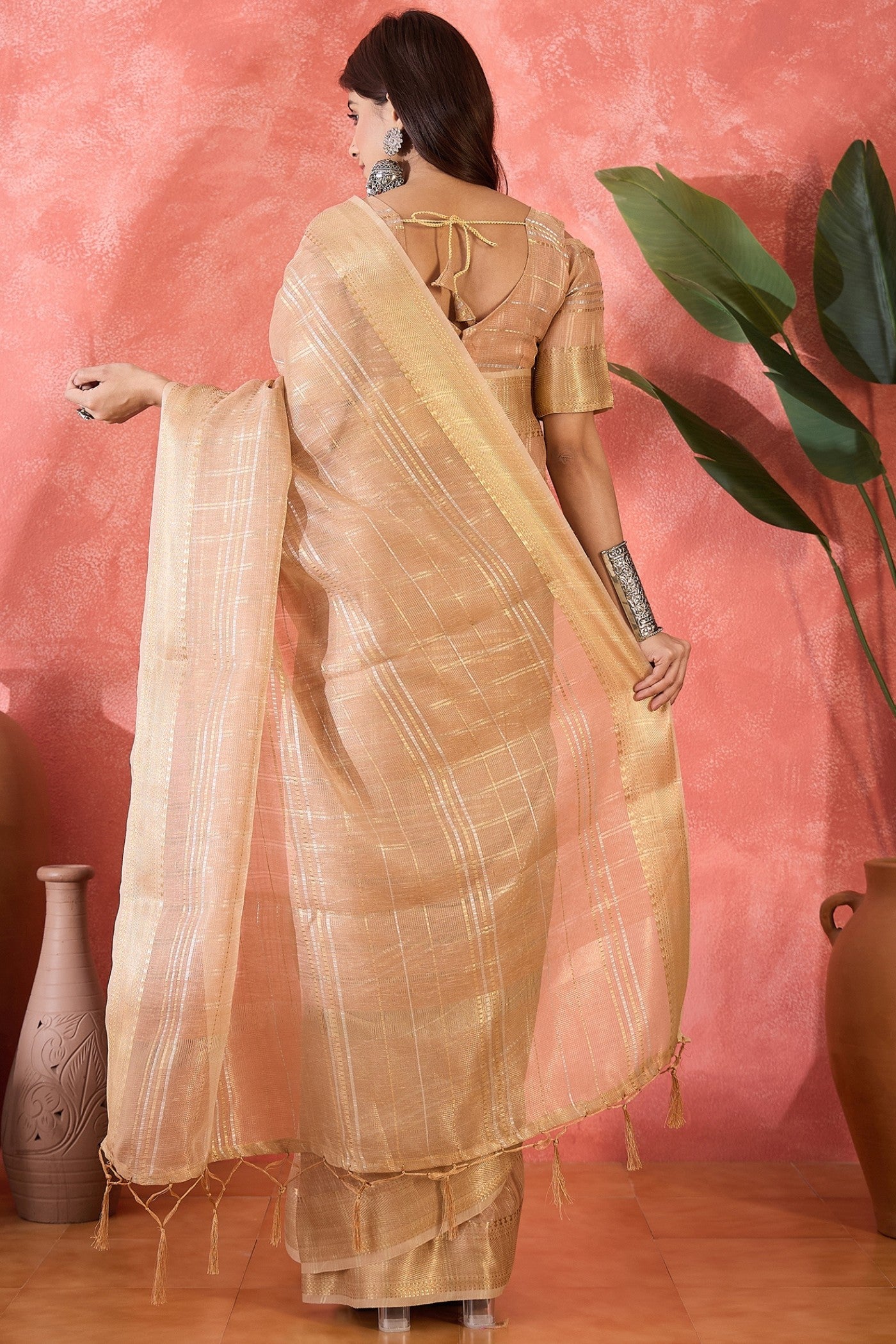 Buy MySilkLove Melon Pink Woven Organza Saree Online