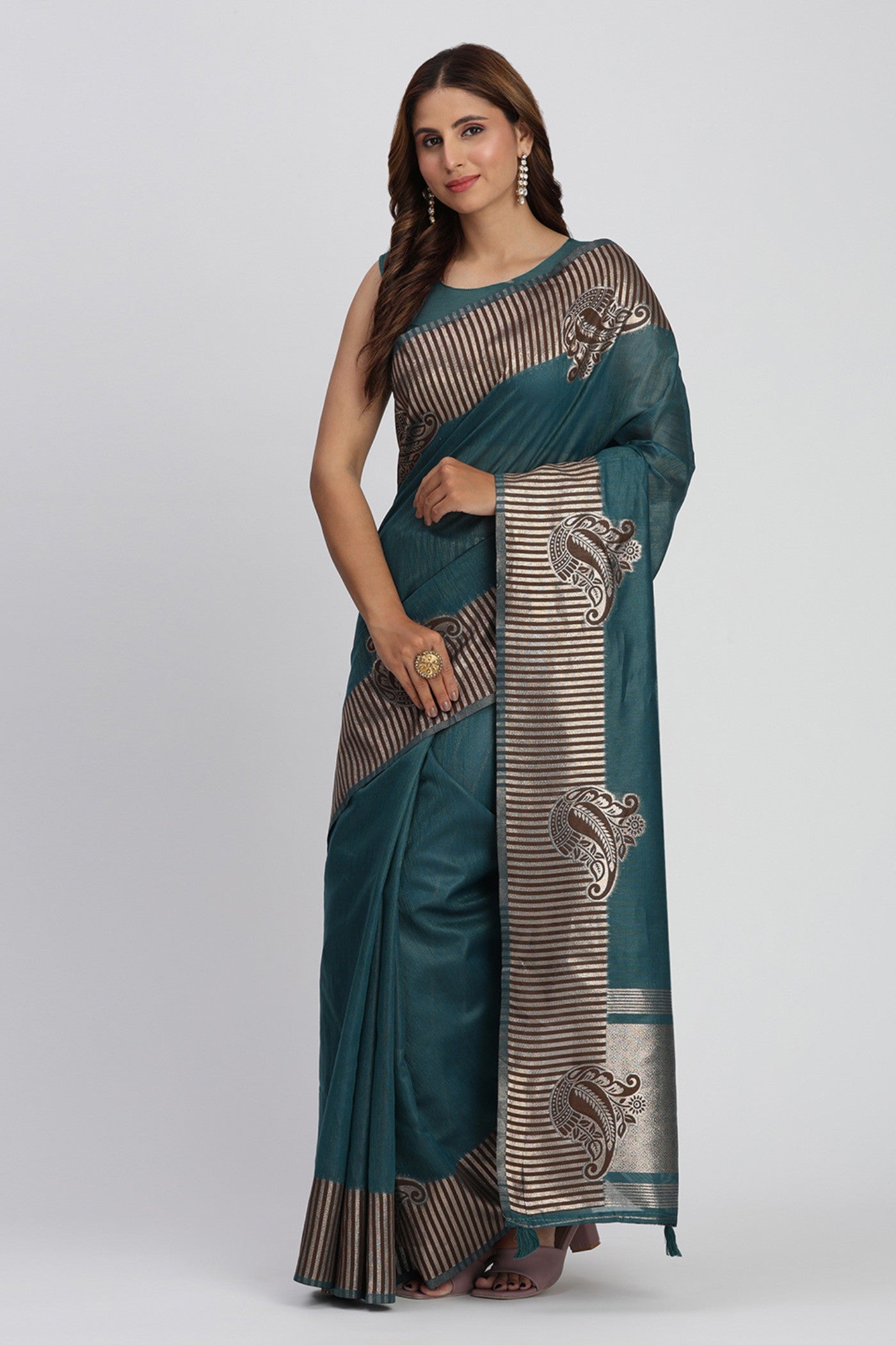 Buy MySilkLove Myrtle Green Woven Linen Cotton Saree Online