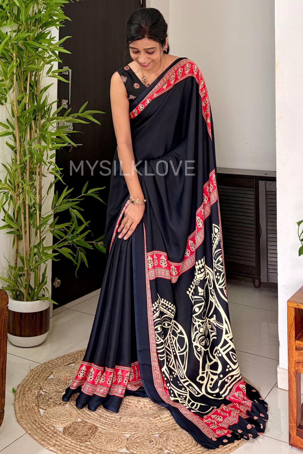 MySilkLove Ebony Black Modal Ajrakh Satin Printed Silk Saree
