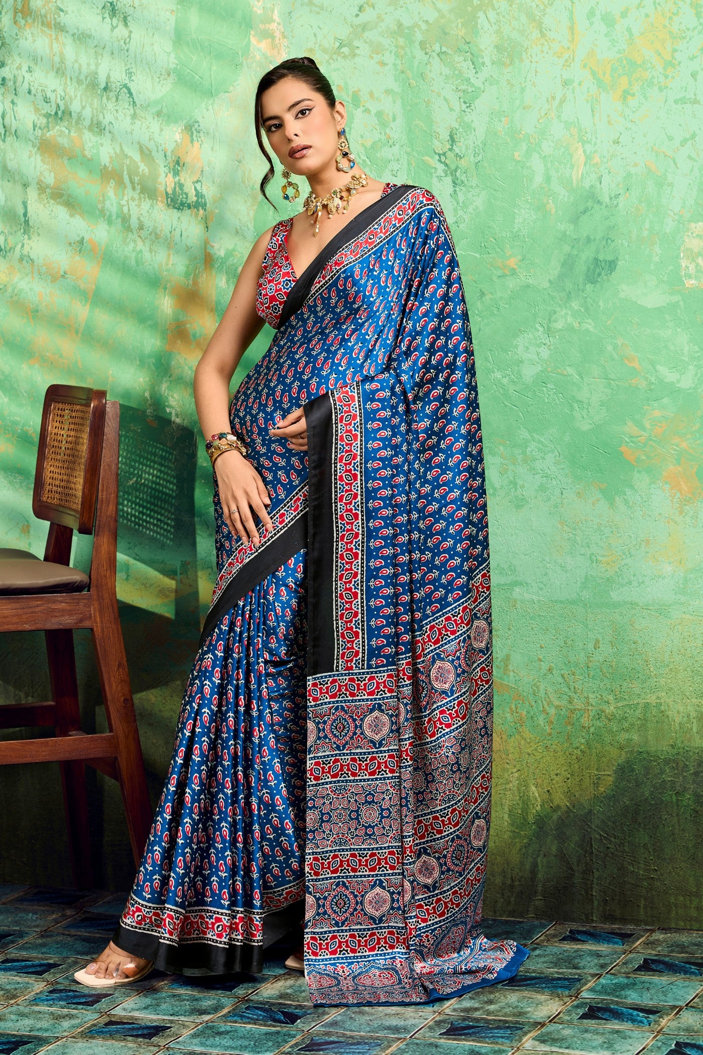 Buy MySilkLove Celestial Blue Modal Ajrakh Satin Printed Silk Saree Online