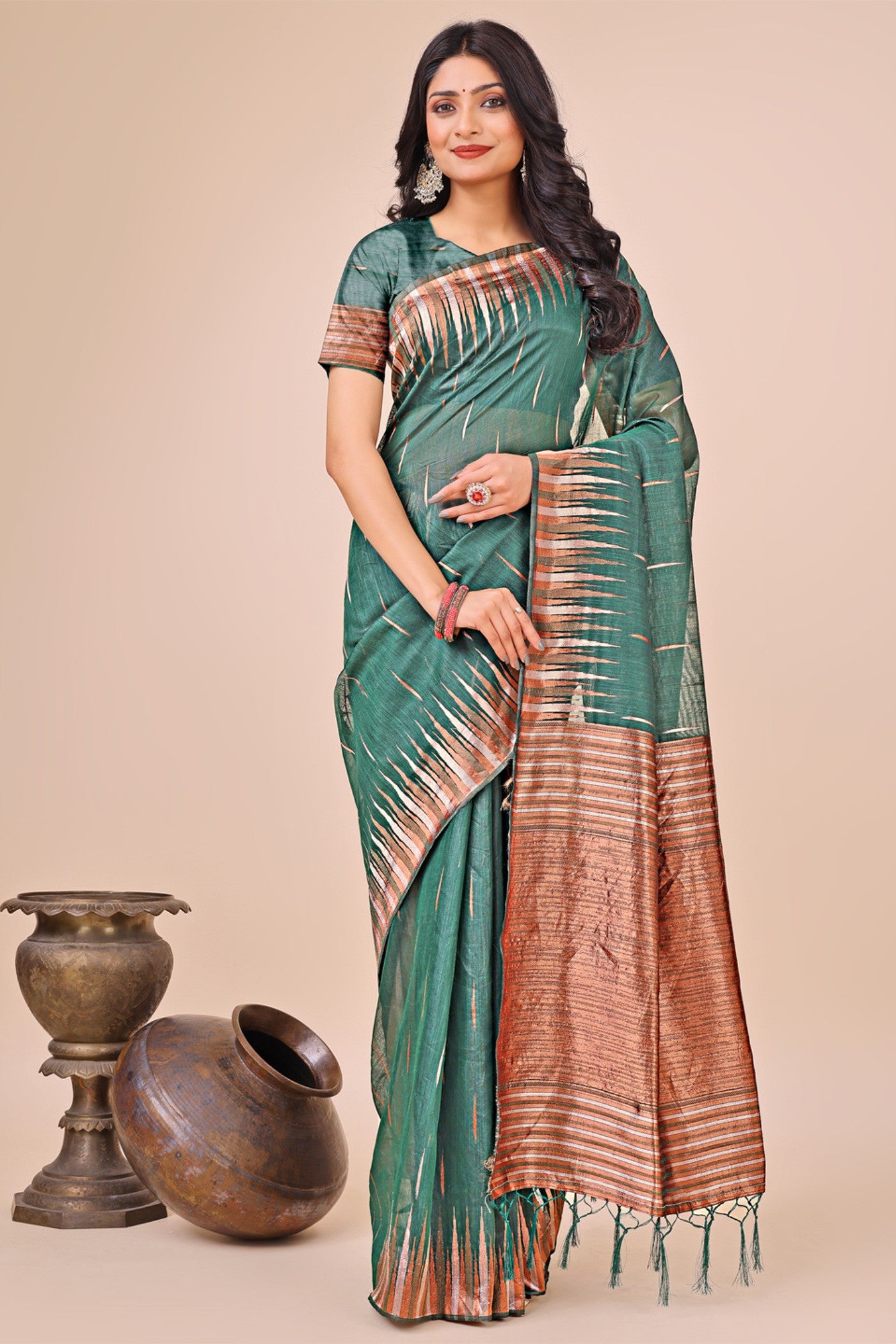 Buy MySilkLove Deep Aqua Green Linen Cotton Saree Online