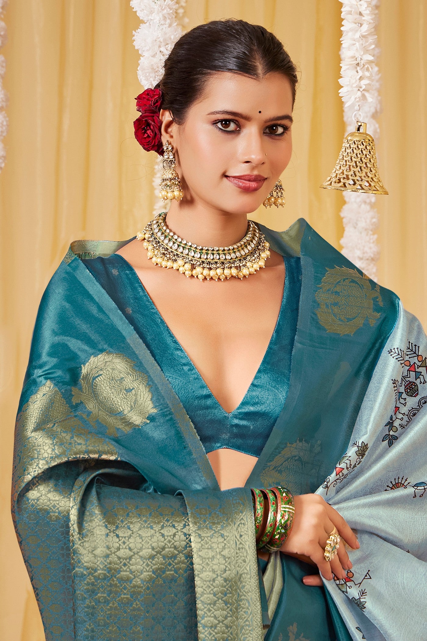 Buy MySilkLove Neptune Blue Kalamkari Printed Saree Online