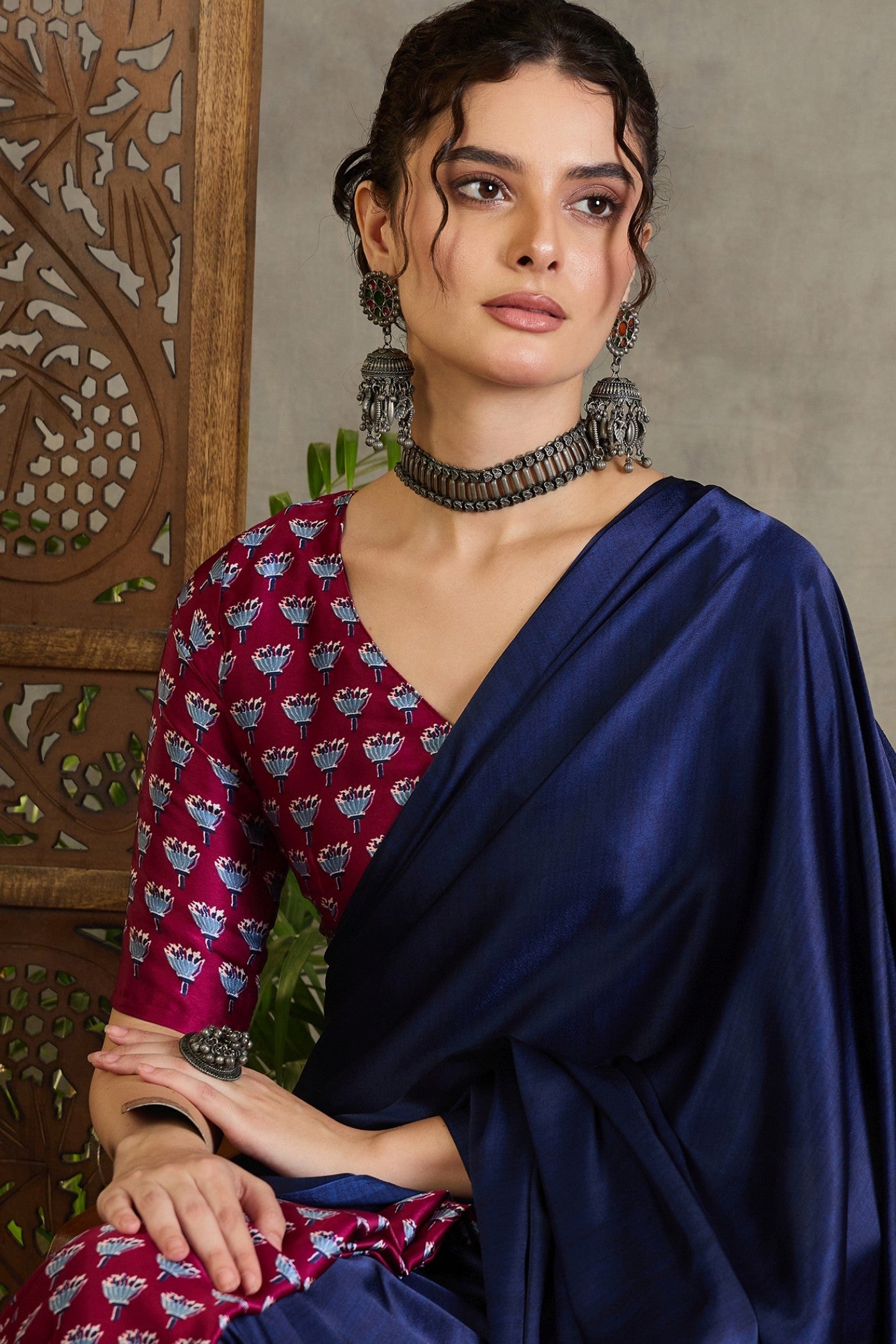 Buy MySilkLove Navy Blue and Purple Ajrakh Printed Satin Crepe Silk Saree Online