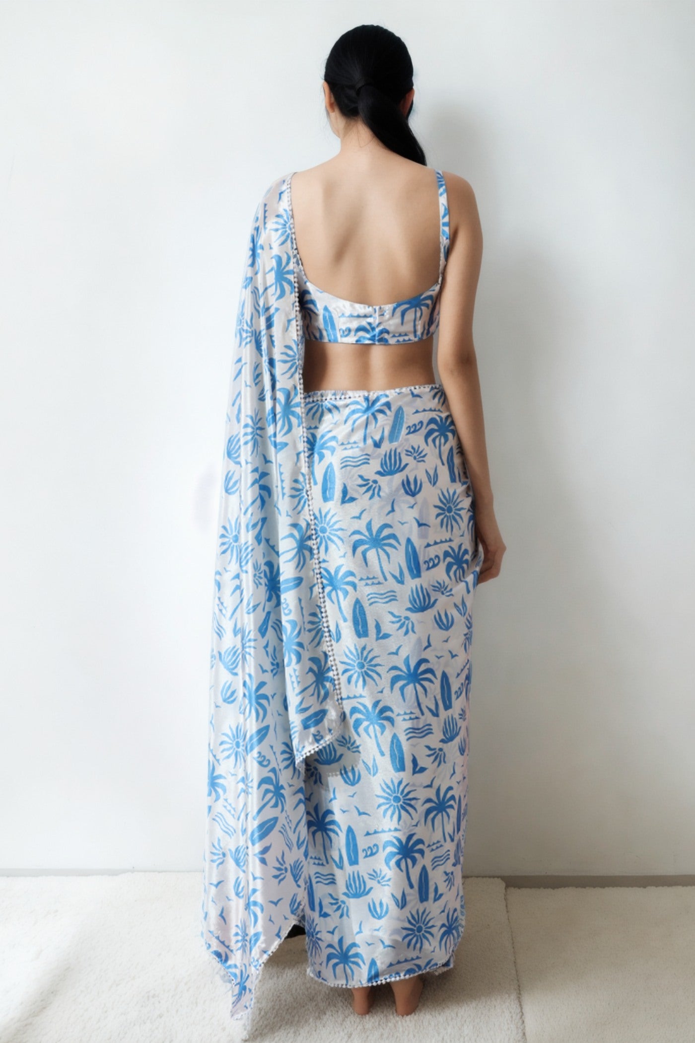 Buy MySilkLove Sky Blue Chinon Printed Ready To Wear Saree Online