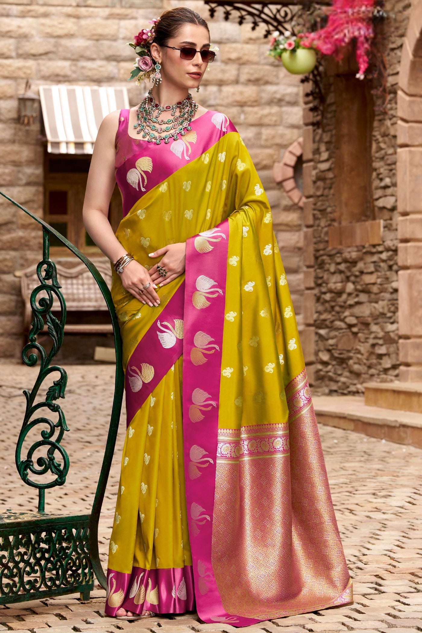 Buy MySilkLove Inchworm Green Woven Satin Soft Silk Saree Online