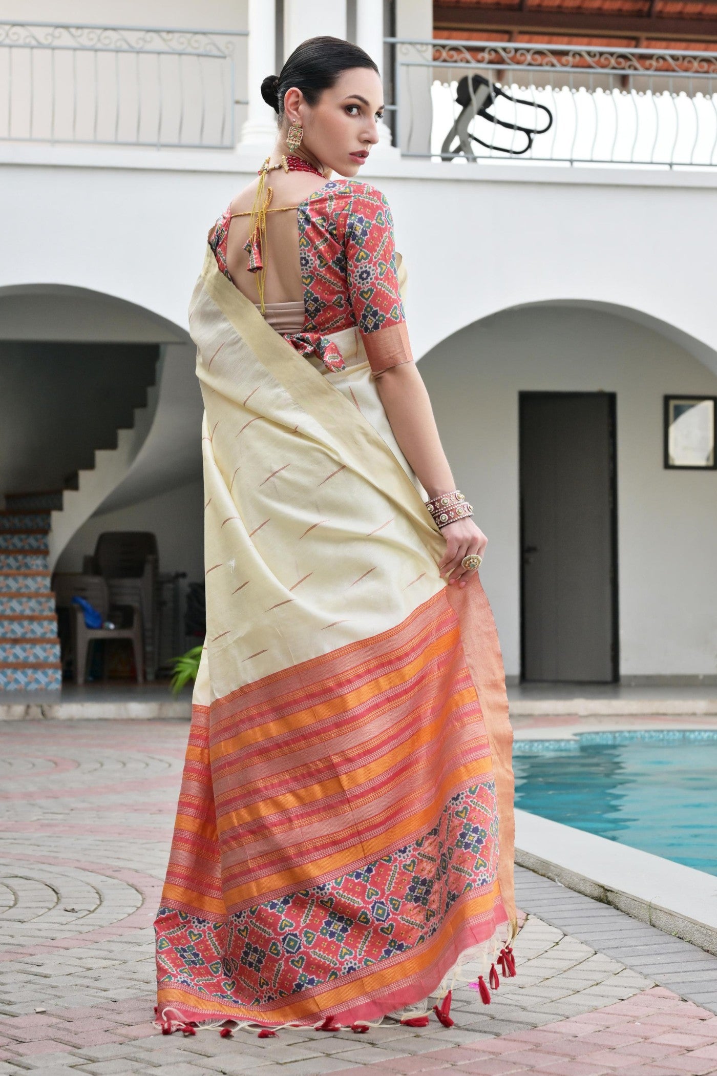 Buy MySilkLove Pearl White Meenakari Woven Patola Saree Online