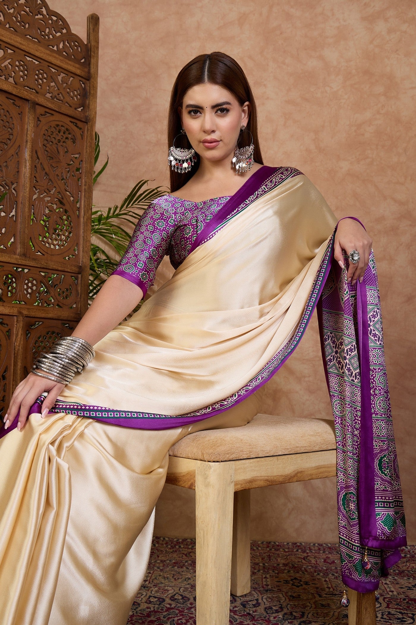 Buy MySilkLove Ivory Cream and Purple Ajrakh Printed Satin Crepe Silk Saree Online