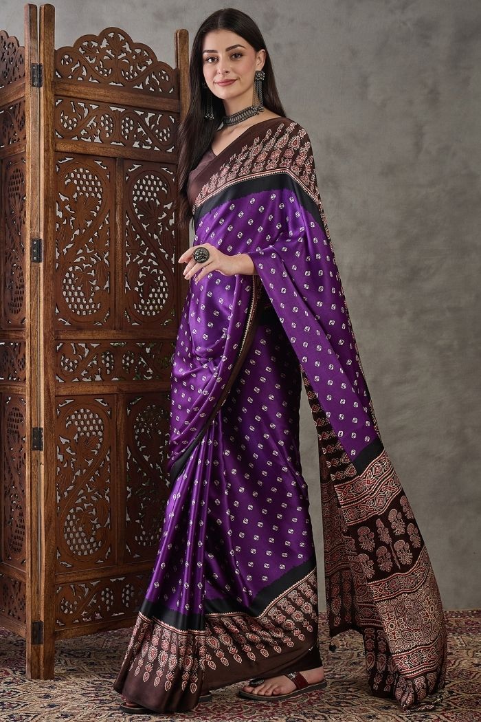 Buy MySilkLove Dark Violet Purple Ajrakh Printed Satin Gaji Silk Saree Online