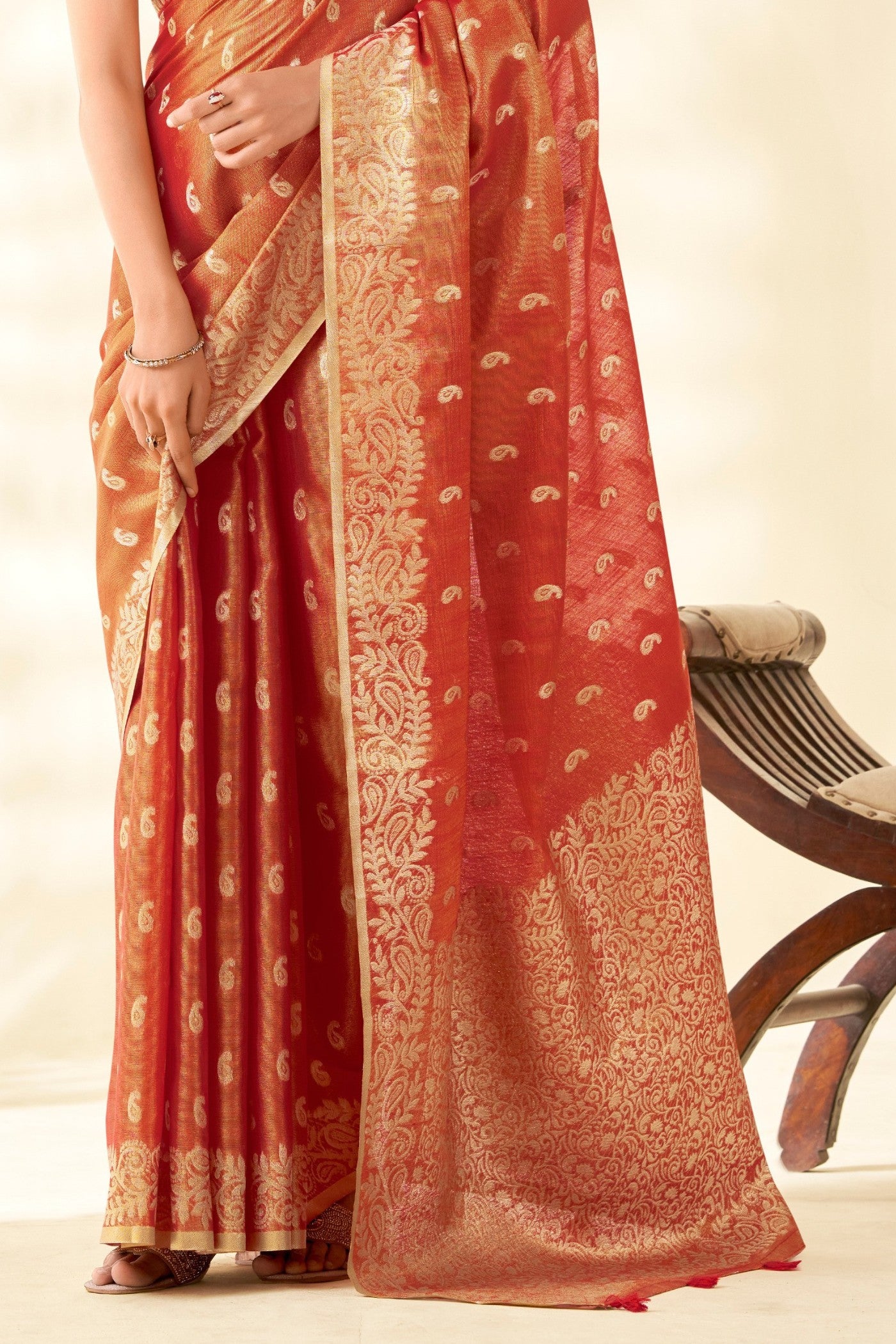 Buy MySilkLove Coral Orange Woven Tissue Linen Saree Online