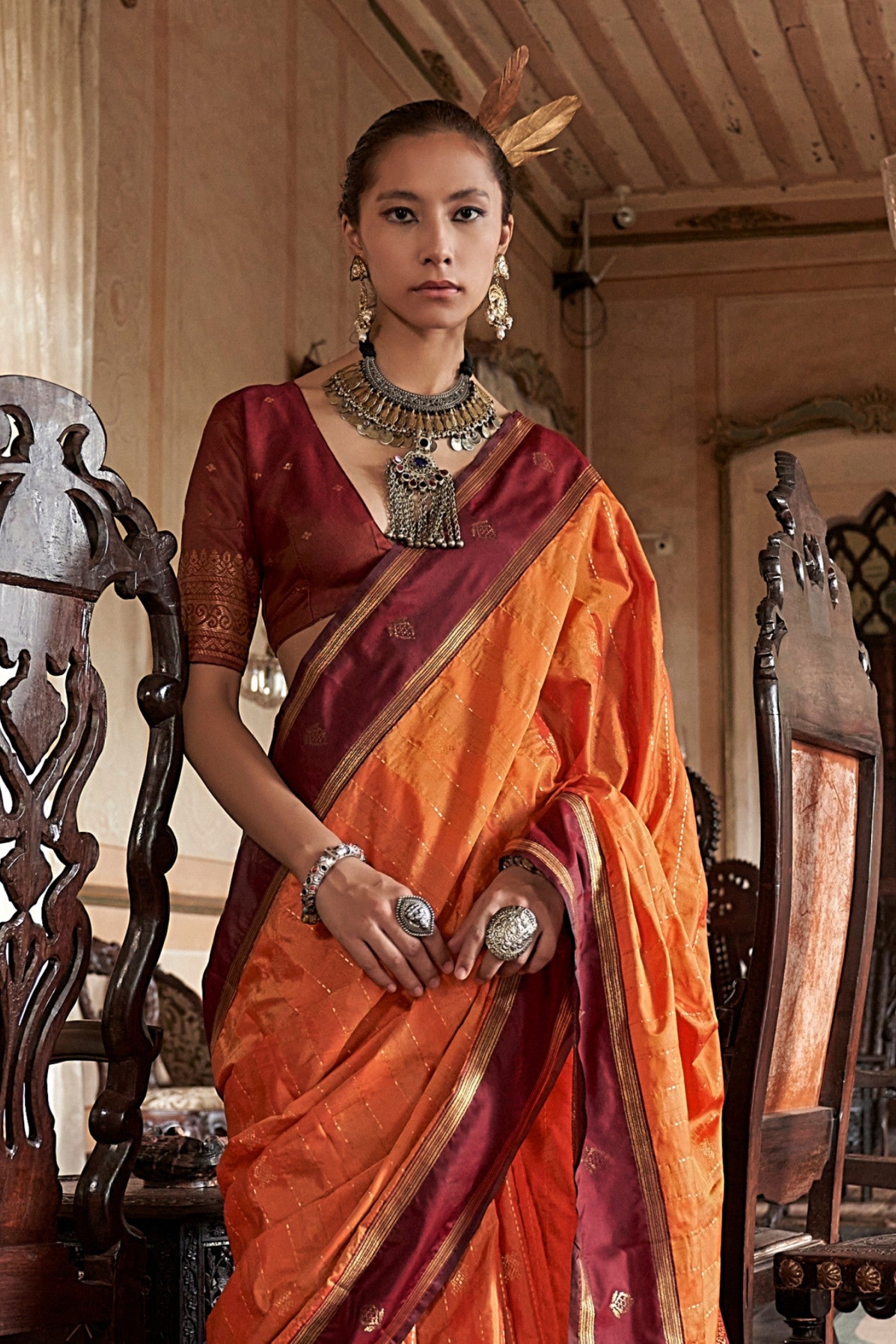 Buy MySilkLove Flame Orange Tussar Handloom Silk Saree Online
