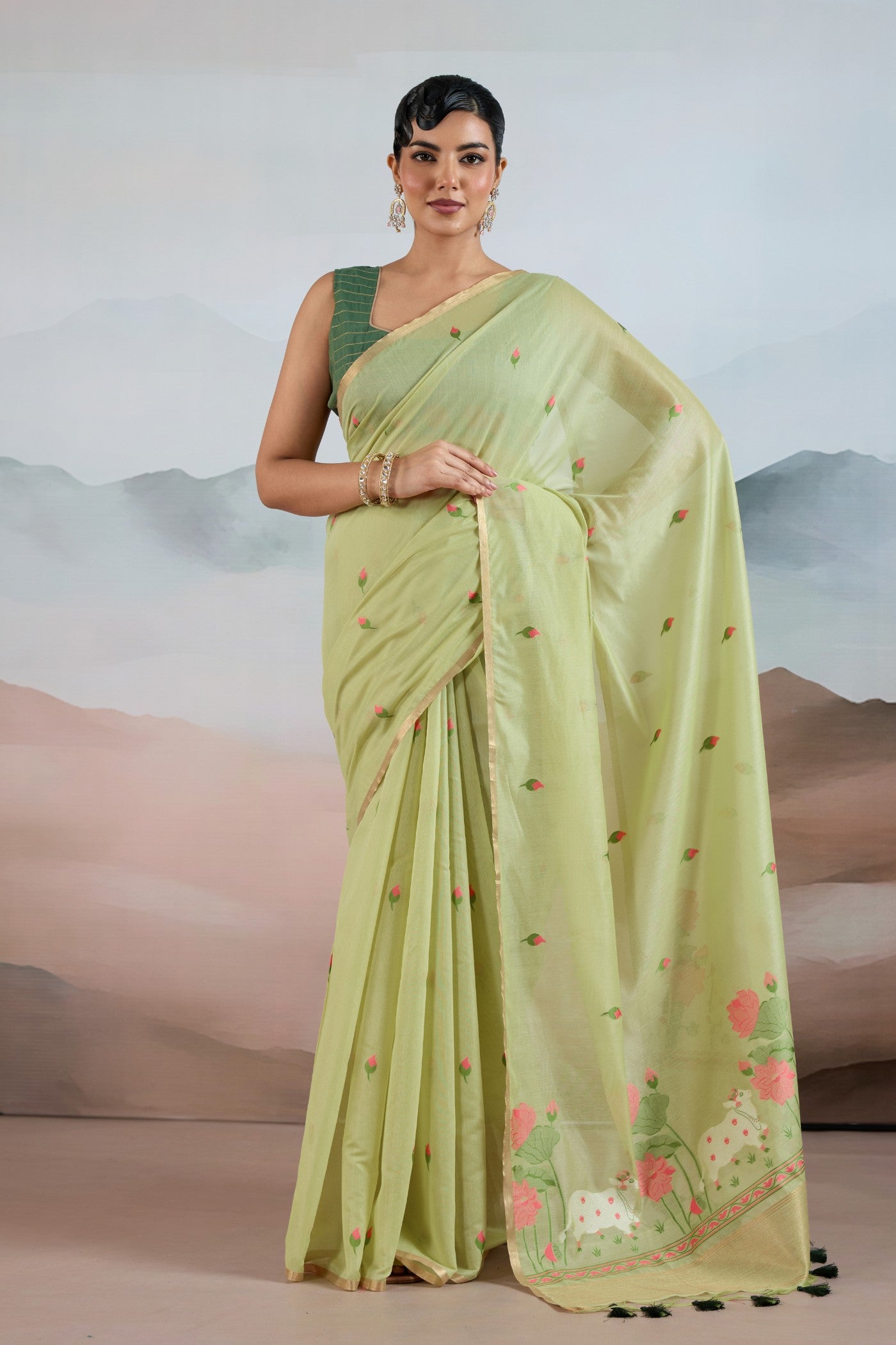 Buy MySilkLove Artichoke Green Cotton Handloom Pichwai Saree Online