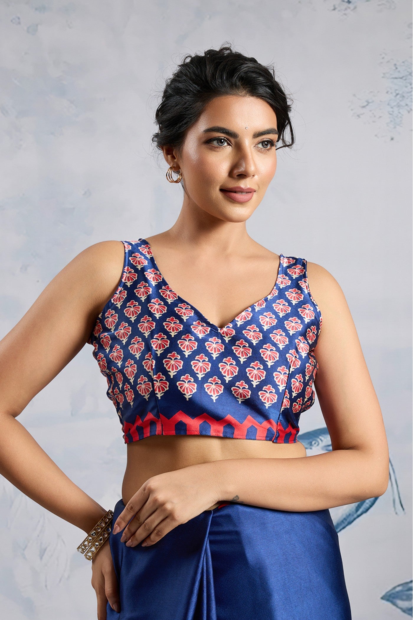 Buy MySilkLove Glacier Blue Printed Satin Crepe Silk Saree Online