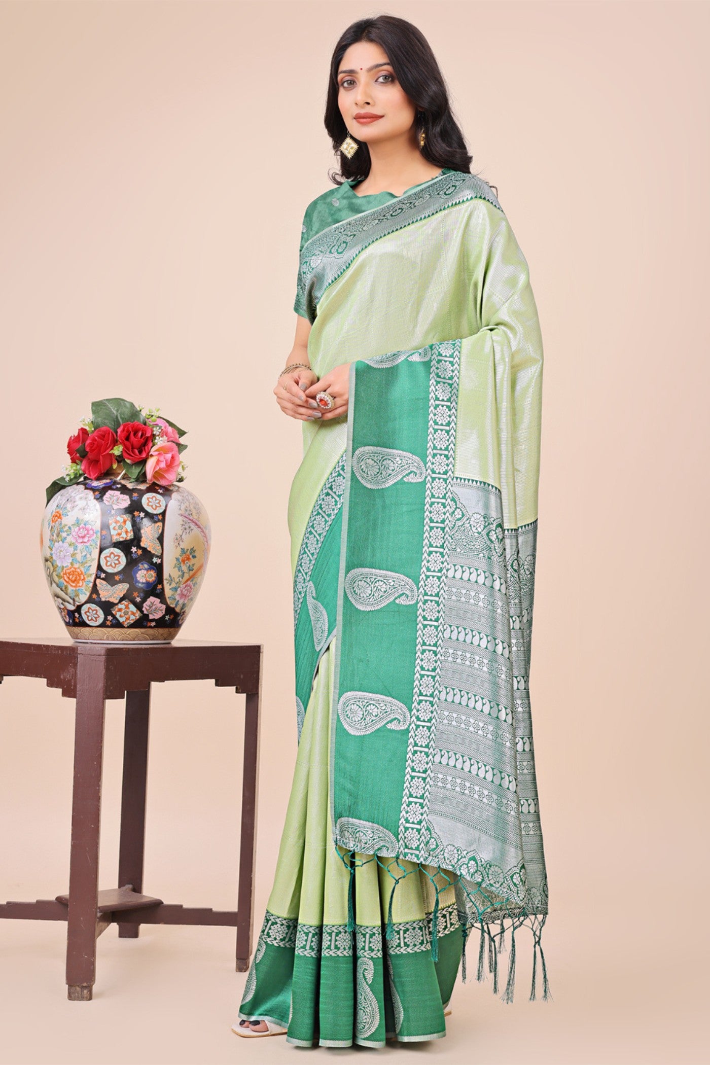 Buy MySilkLove Sage Green Woven Banarasi Saree Online