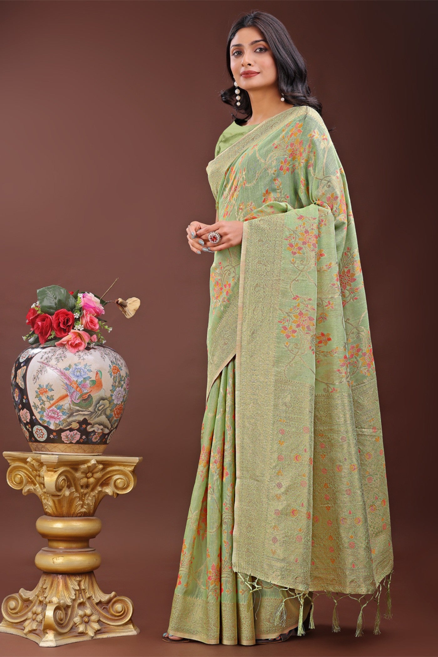 Buy MySilkLove Olivine Light Green Linen Cotton Saree Online
