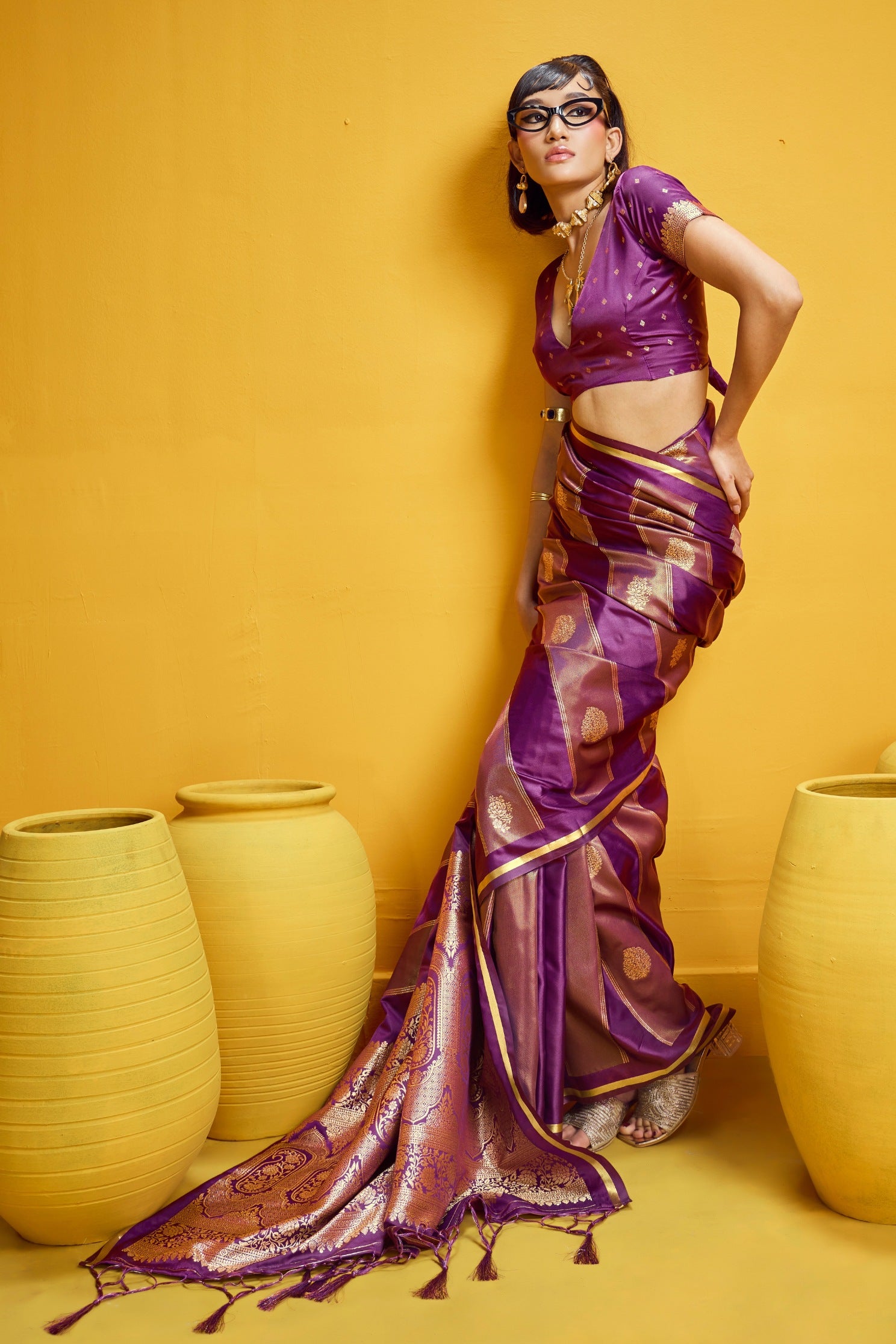 Buy MySilkLove Cosmos Purple Banarasi Handloom Satin Silk Saree Online