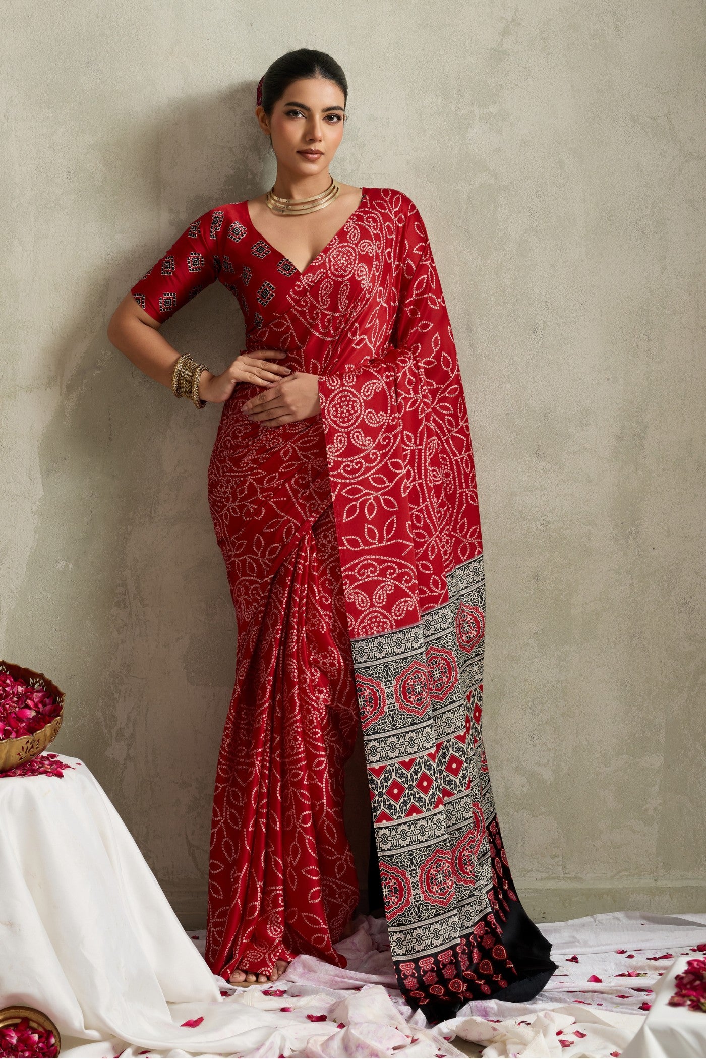 Buy MySilkLove Burn Red Bandhani Printed Silk Saree Online