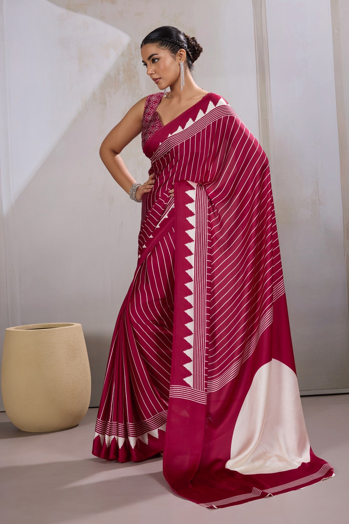 Buy MySilkLove Raspberry Red Ajrakh Printed Satin Crepe Silk Saree Online