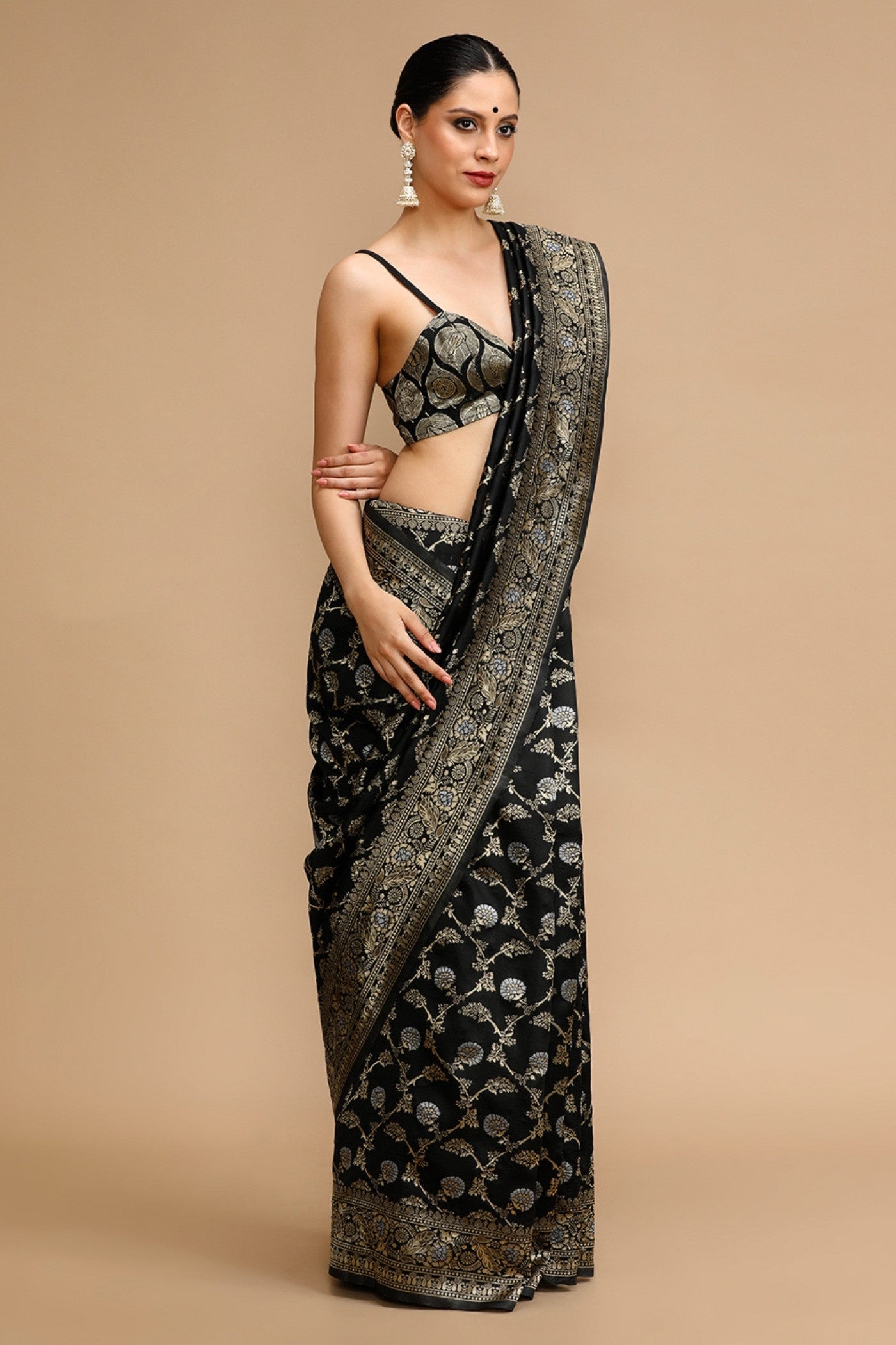 Buy MySilkLove Coal Black Woven Jacquard Lichi Silk Saree Online