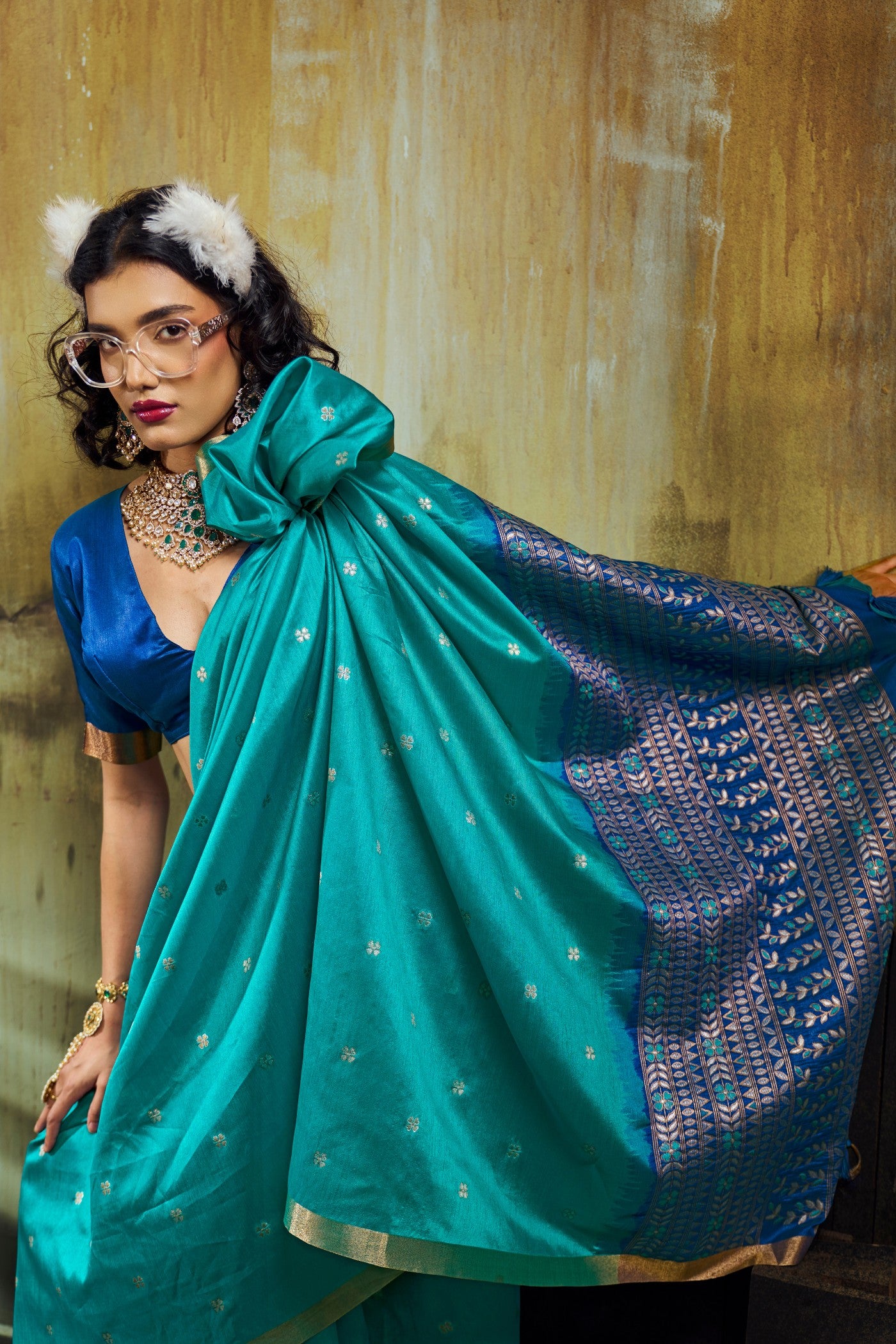 Buy MySilkLove Aqua Blue Tussar Handloom Silk Saree Online