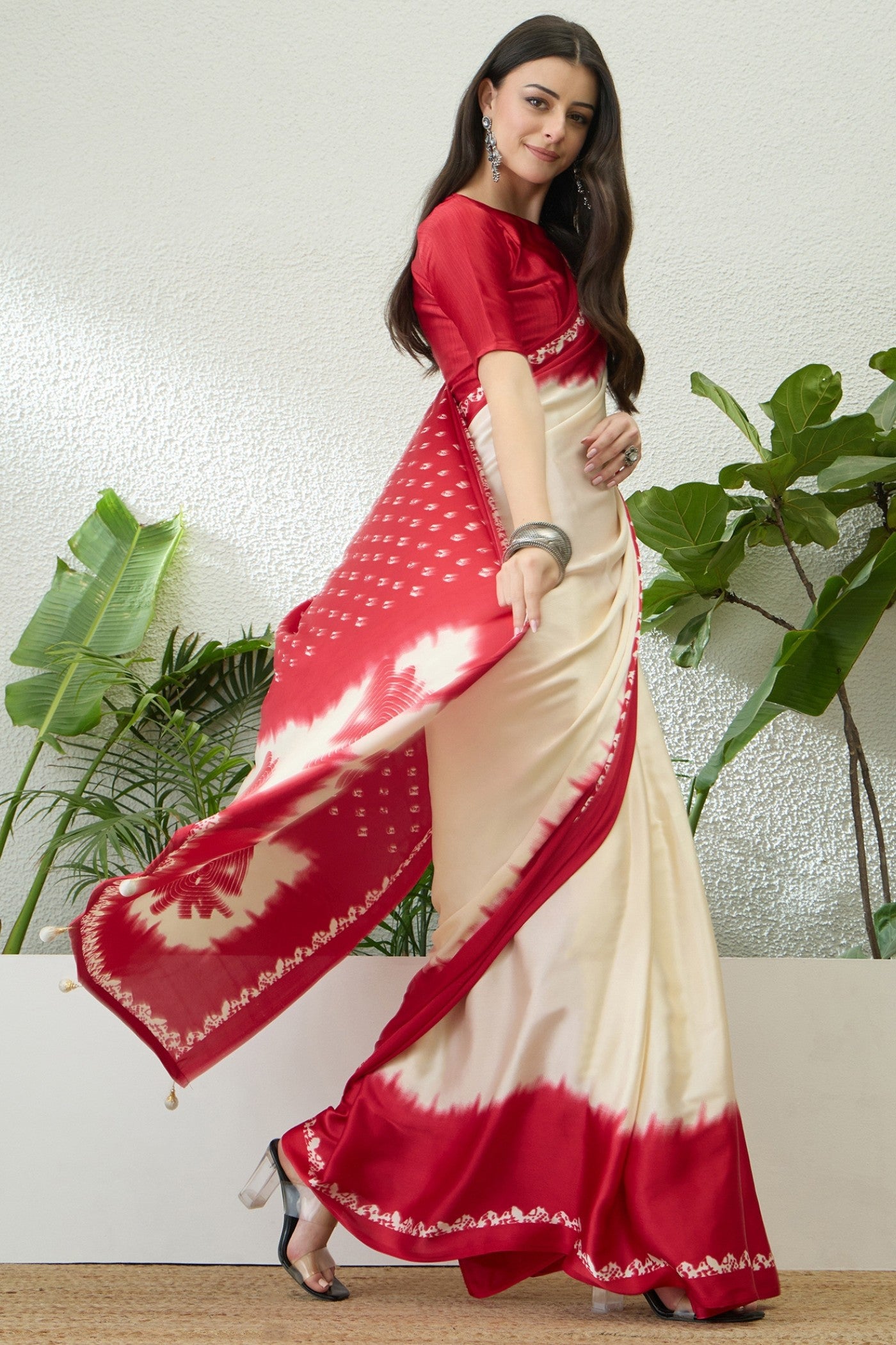Buy MySilkLove Ivory Cream and Red Printed Satin Crepe Silk Saree Online