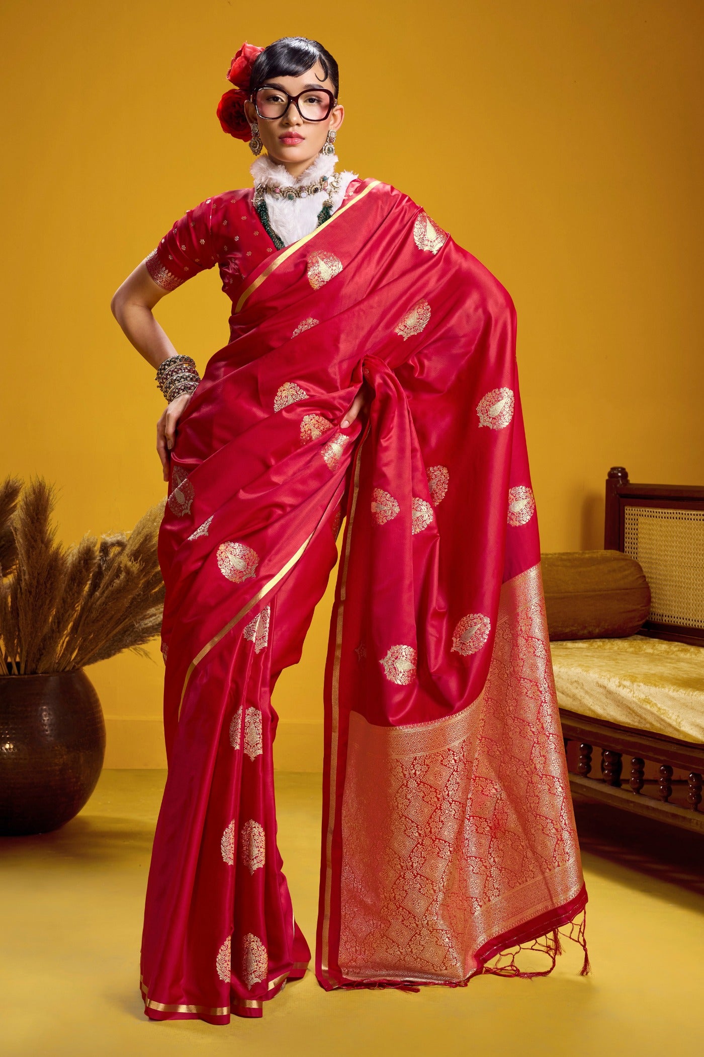 Buy MySilkLove Ruby Red Handloom Satin Silk Saree Online