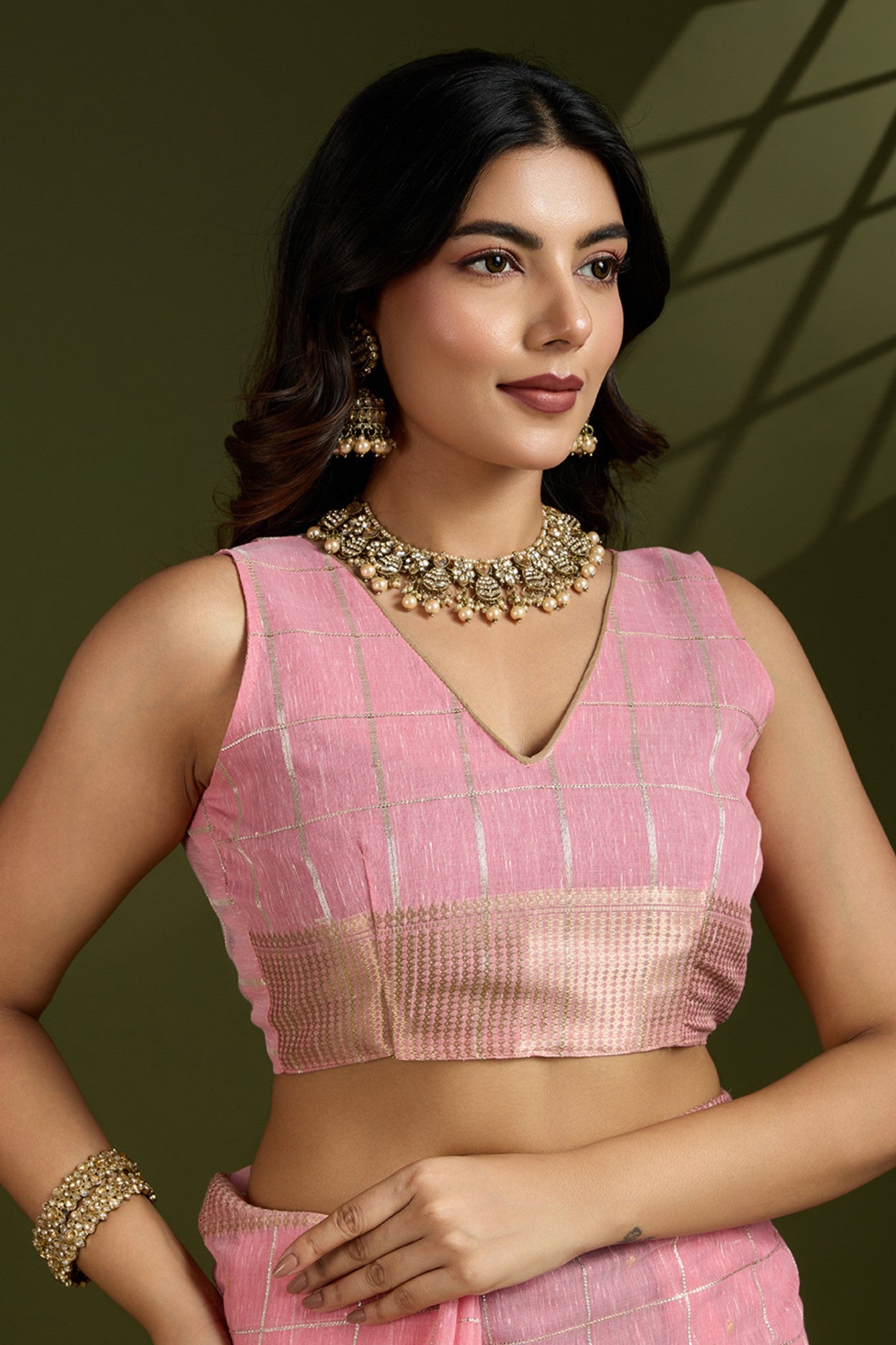 Buy MySilkLove Shimmer Pink Woven Tissue Linen Saree Online