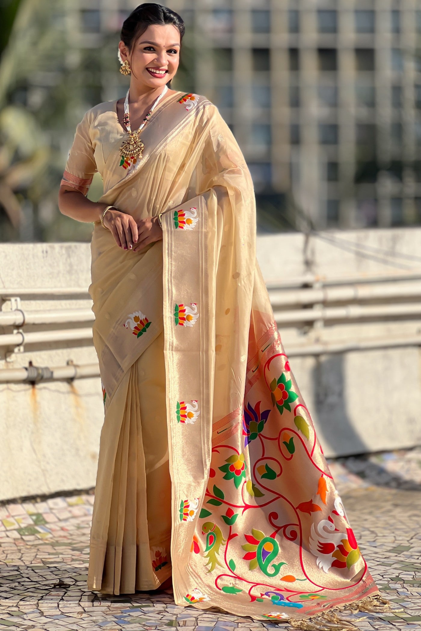 Buy MySilkLove Classic Cream Organza Woven Paithani Saree Online