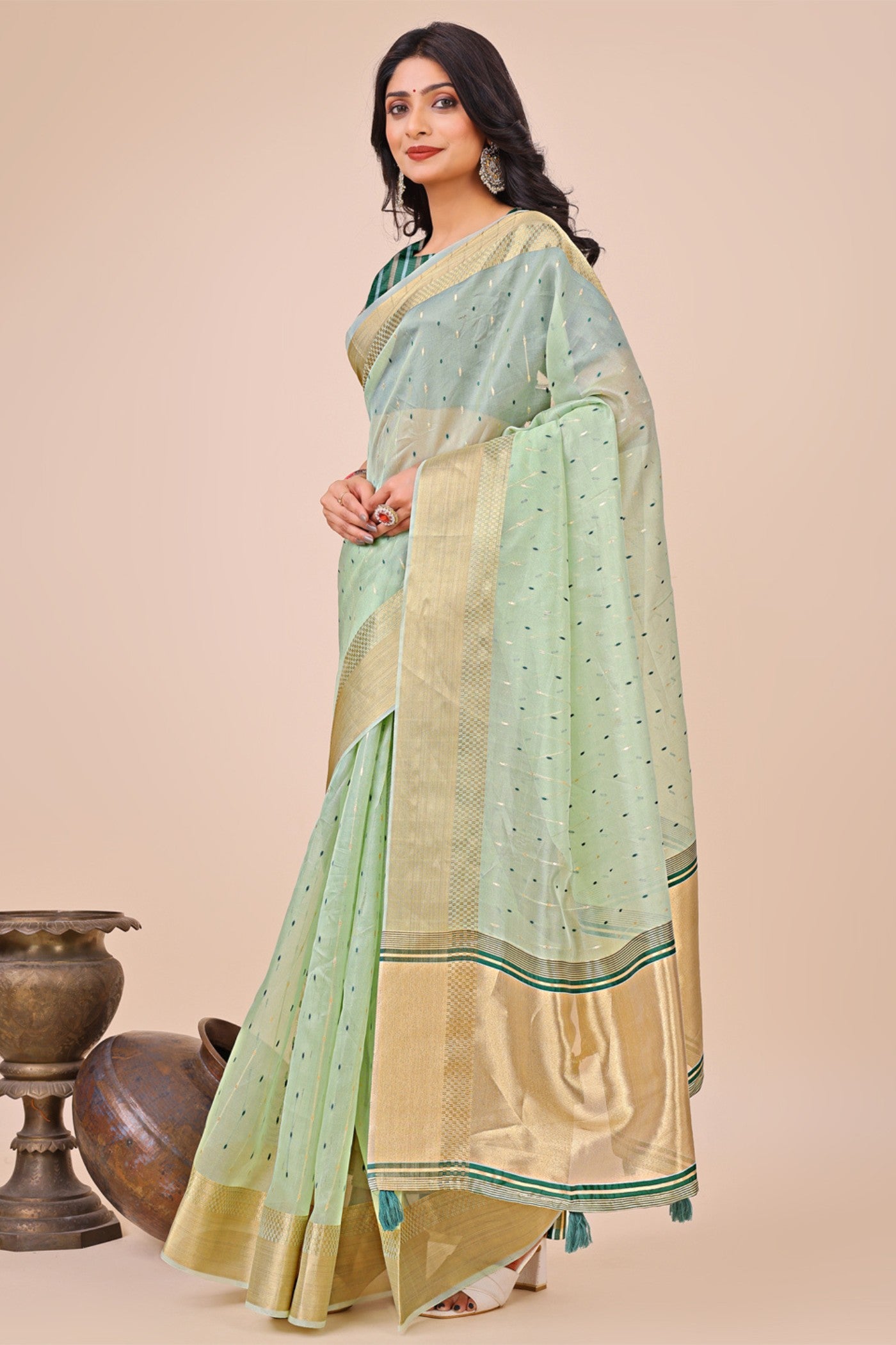 Buy MySilkLove Tea Green Woven Organza Saree Online
