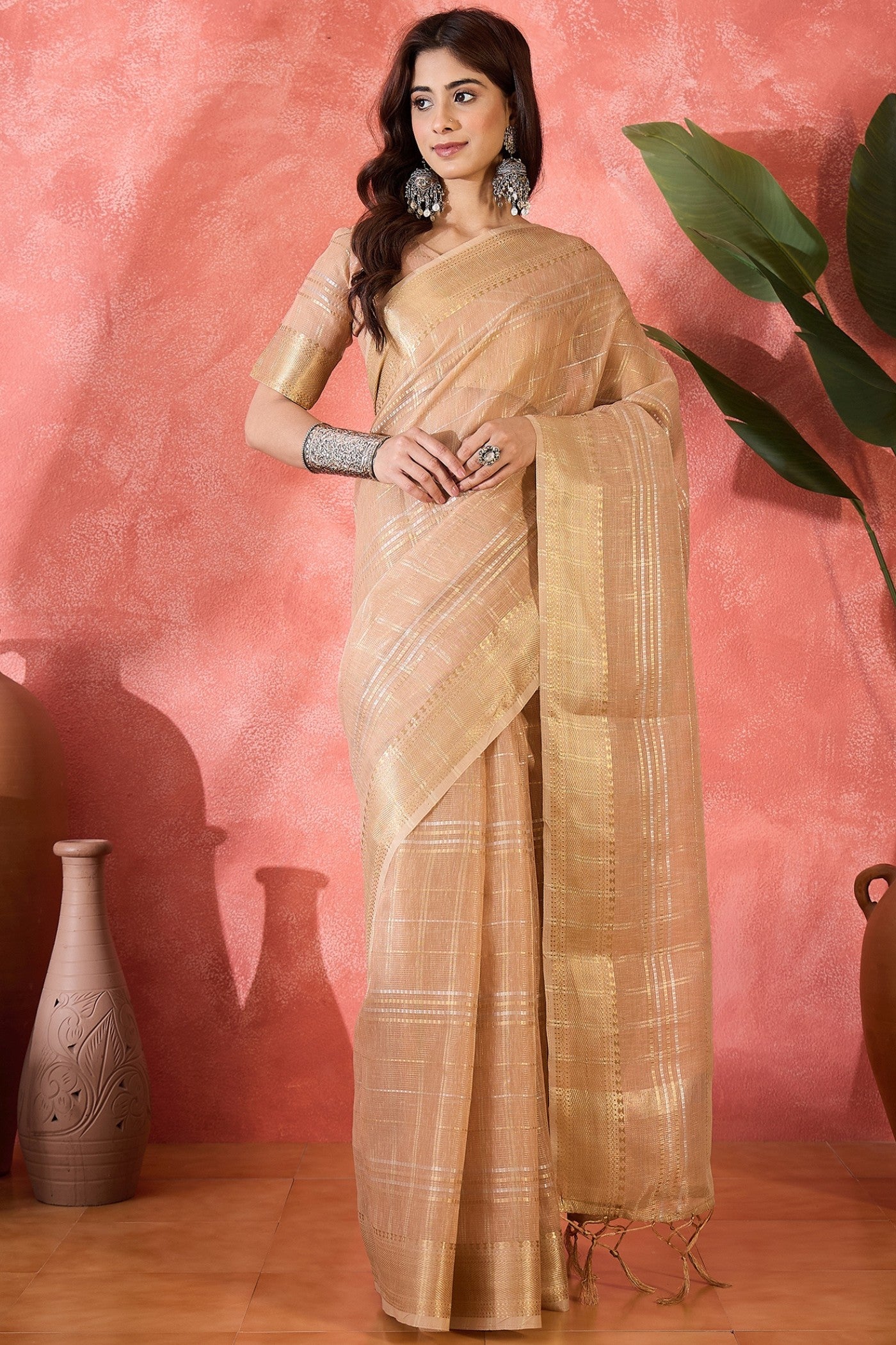 Buy MySilkLove Melon Pink Woven Organza Saree Online