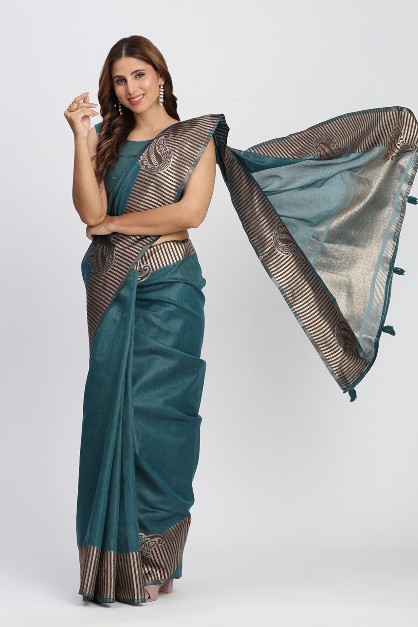 Buy MySilkLove Myrtle Green Woven Linen Cotton Saree Online