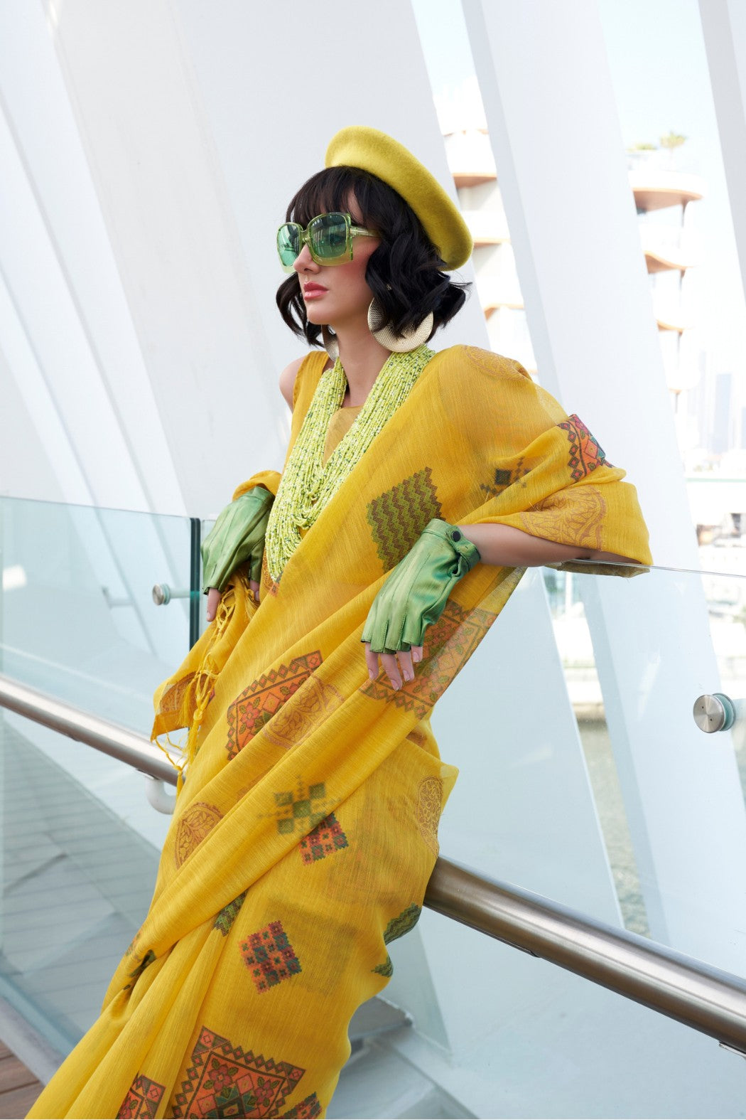 Buy MySilkLove Minion Yellow Printed Handloom Zari Tissue Saree Online