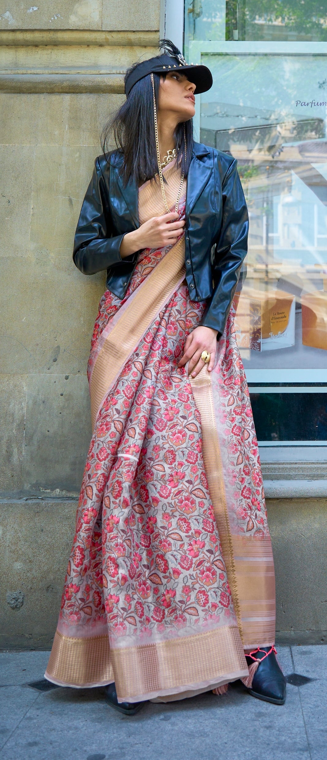 Buy MySilkLove Limeade Pink Organza Printed Satin Silk Saree Online