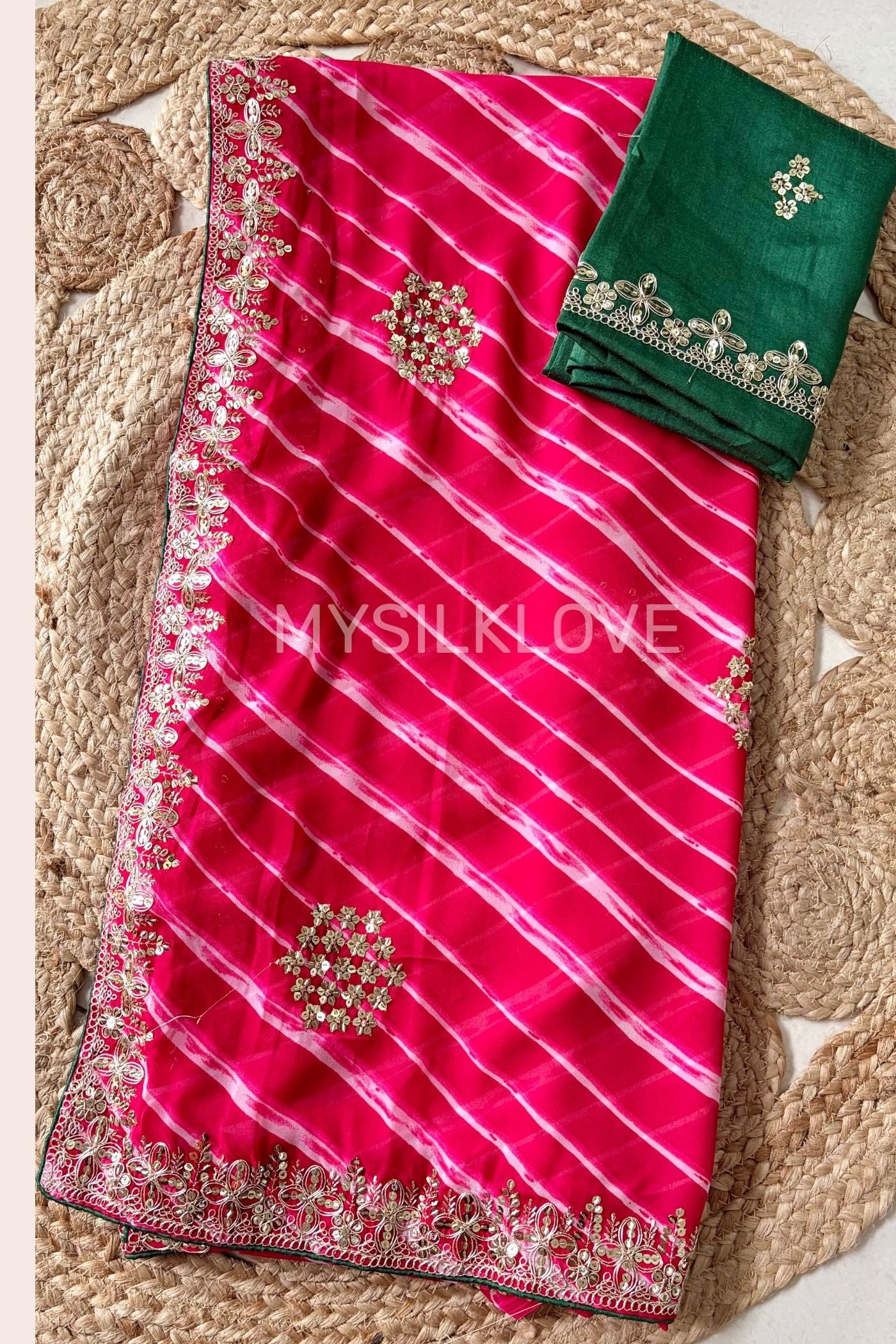 Buy MySilkLove Scarlet Pink Designer Bandhani Saree with Designer Handwork Blouse Online