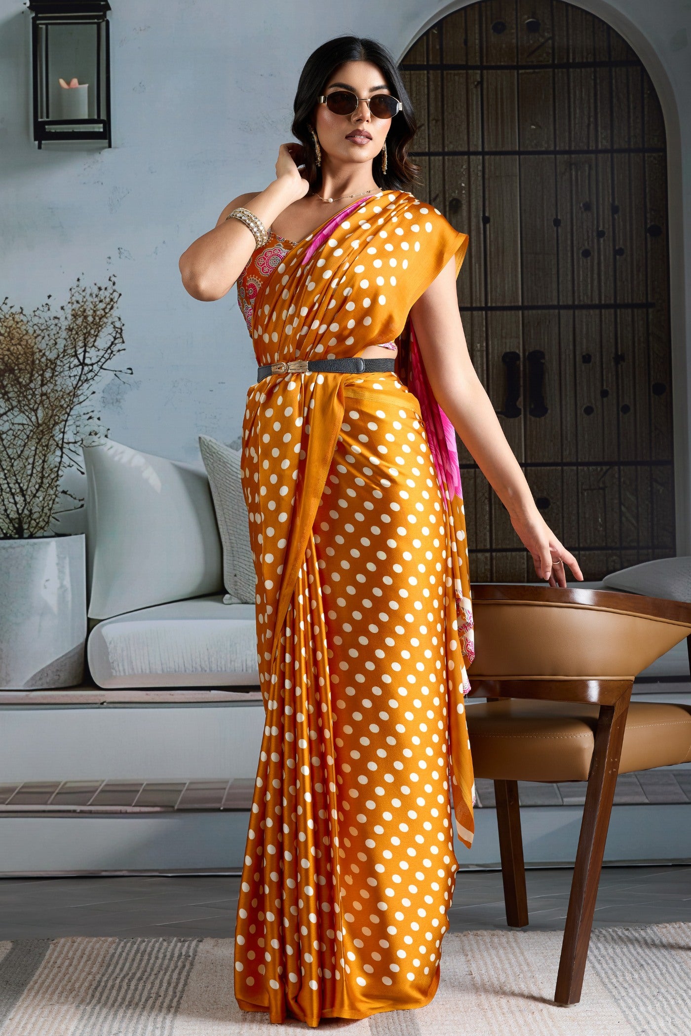 Buy MySilkLove Saffron Yellow Printed Polka Dots Satin Crepe Saree Online