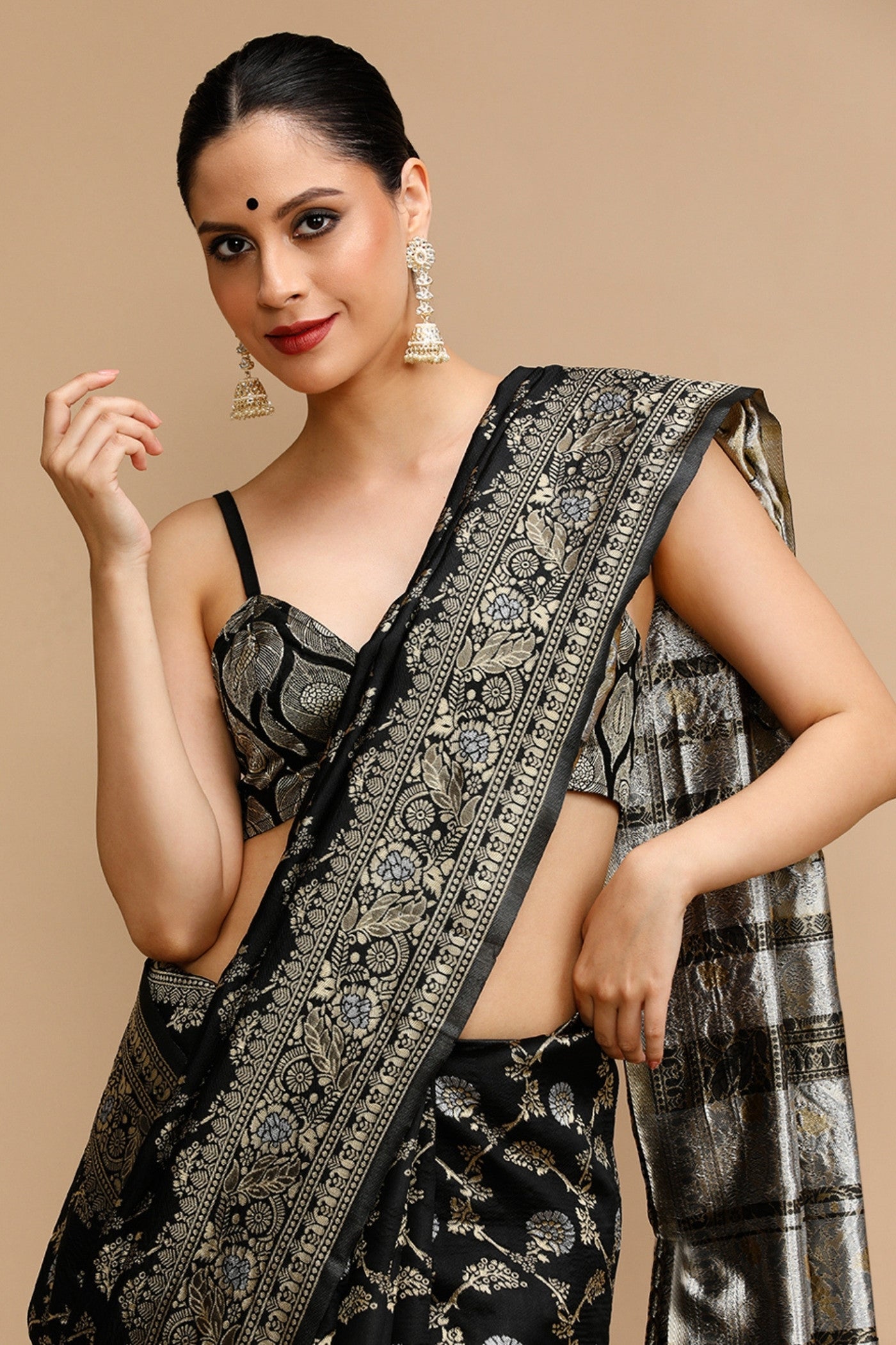 Buy MySilkLove Coal Black Woven Jacquard Lichi Silk Saree Online