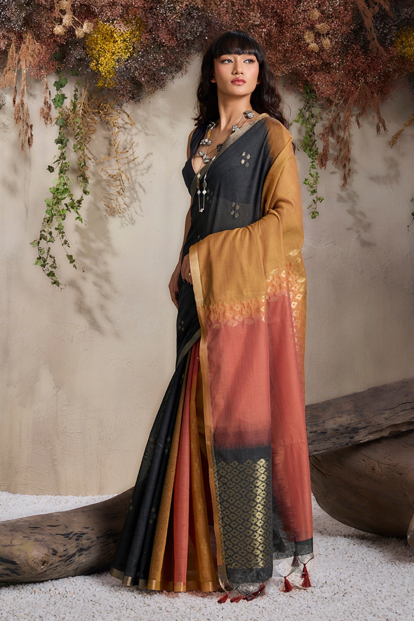 Buy MySilkLove Imperial Black and Yellow Handloom Cotton Saree Online