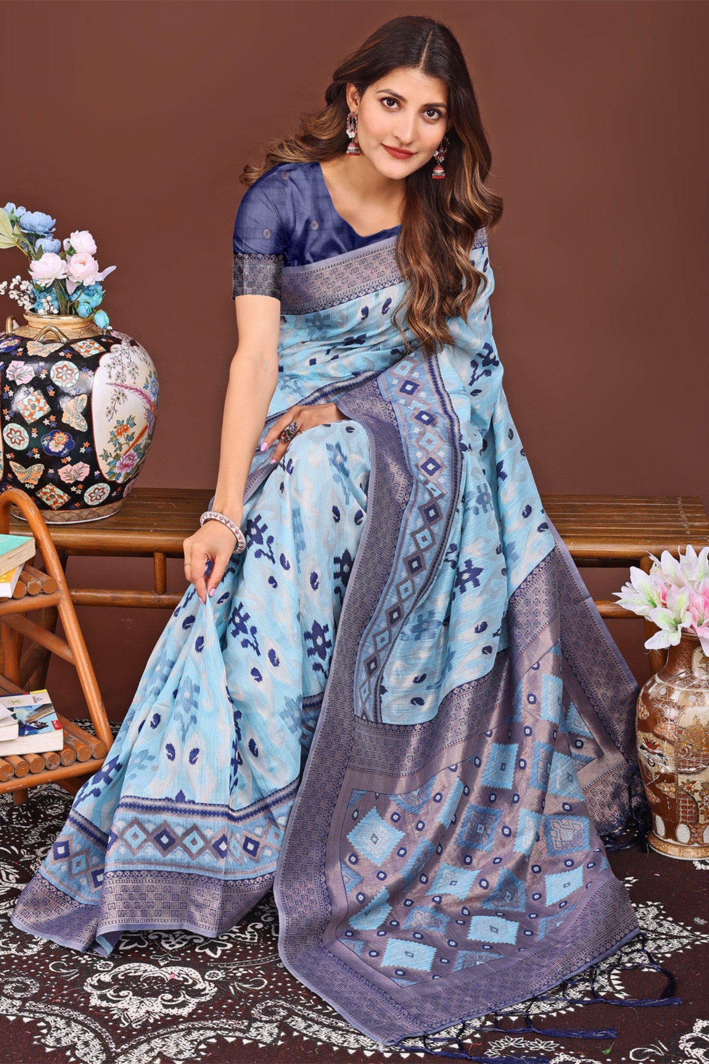 Buy MySilkLove Cerulean Blue Woven Linen Cotton Saree Online