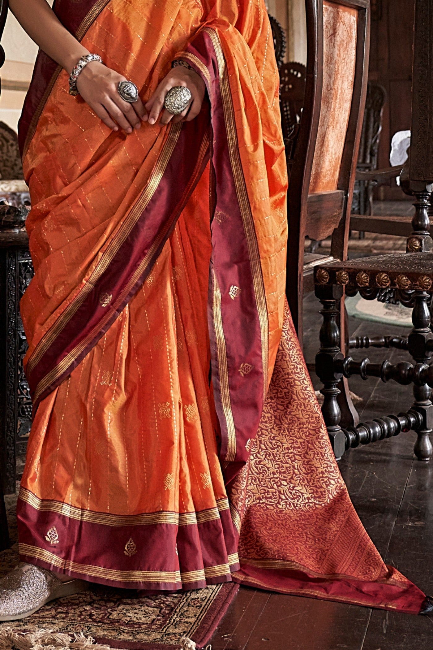 Buy MySilkLove Flame Orange Tussar Handloom Silk Saree Online
