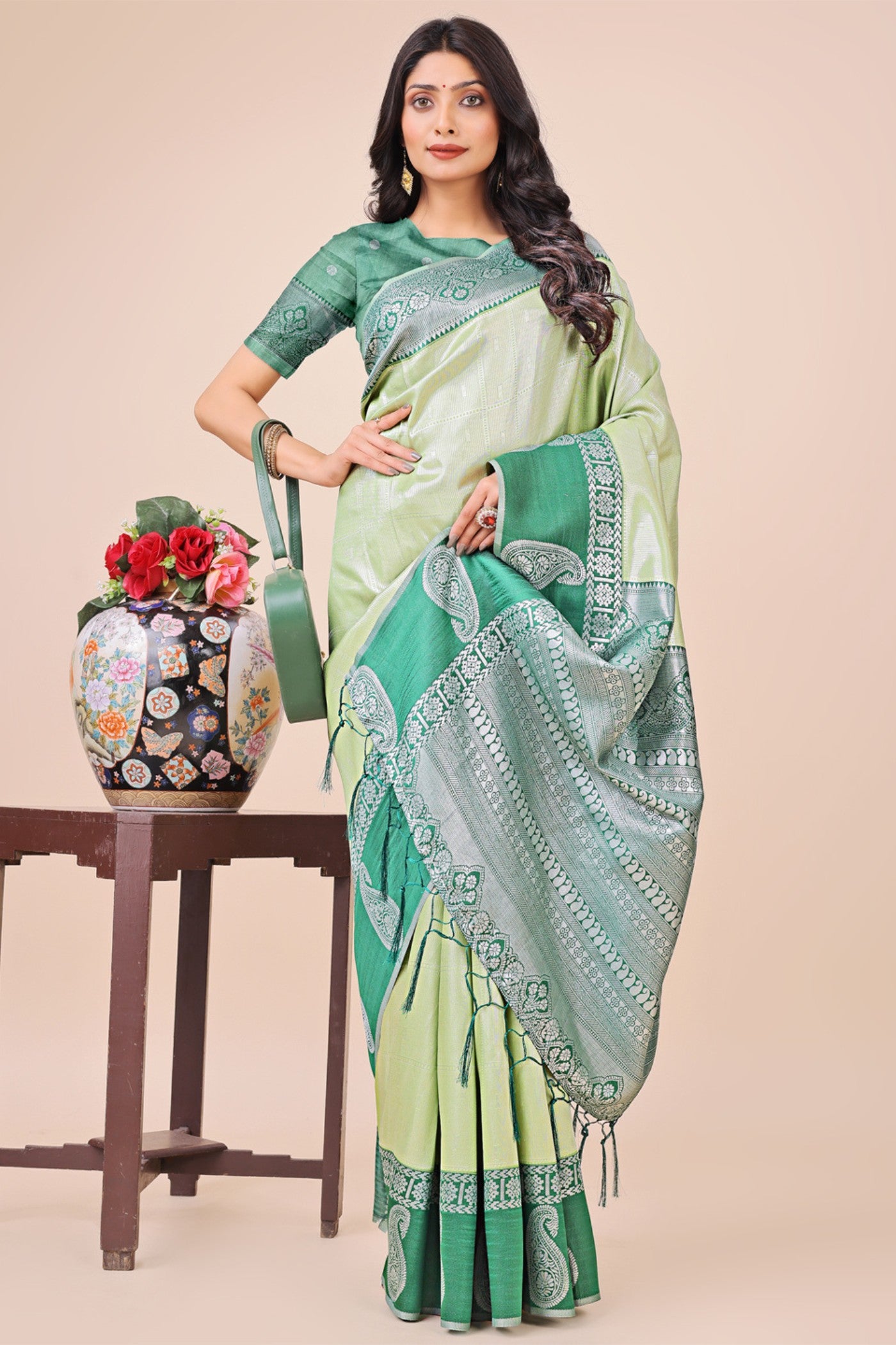 Buy MySilkLove Sage Green Woven Banarasi Saree Online