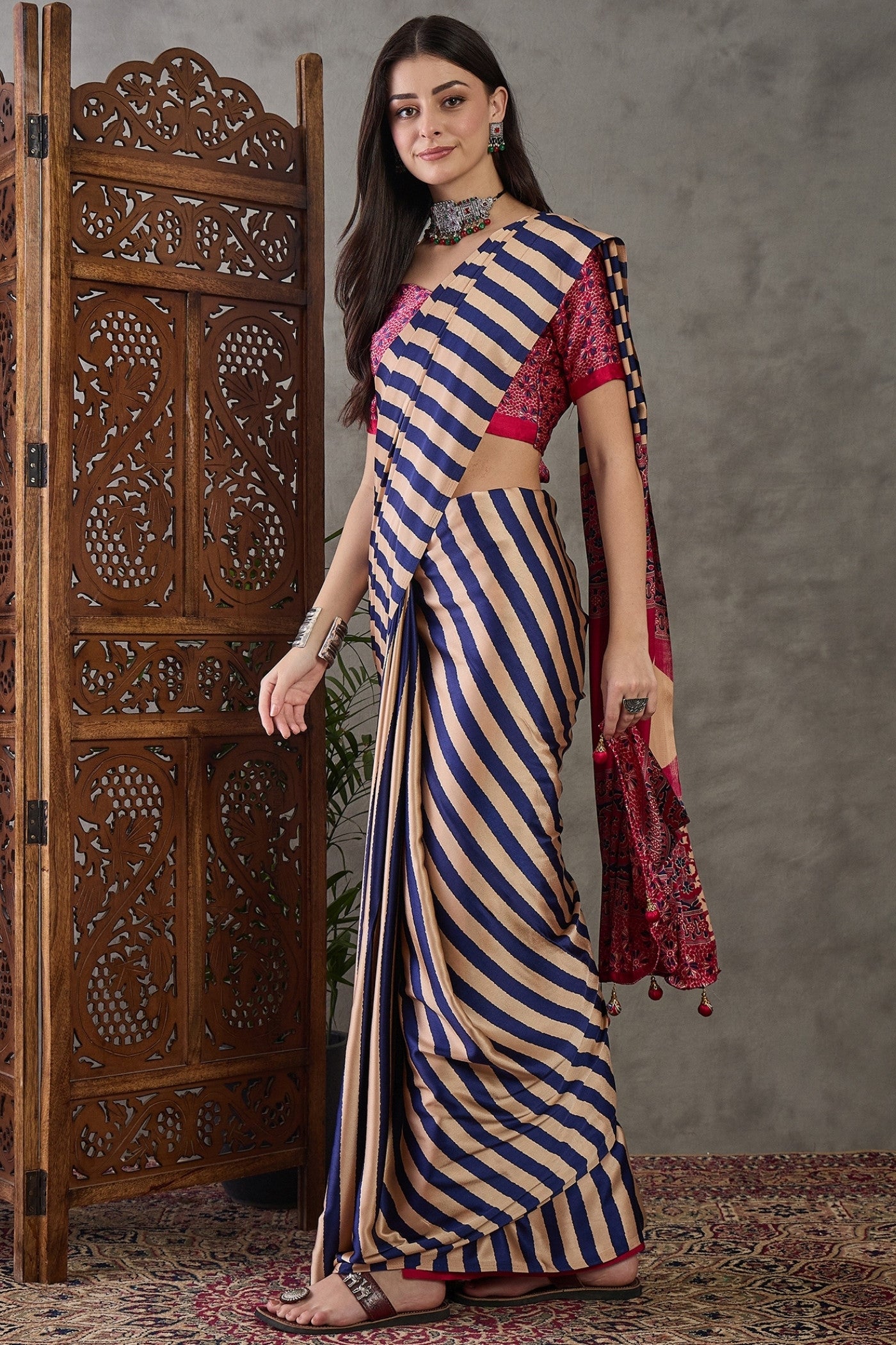 Buy MySilkLove Sapphire Blue Stripe Ajrakh Printed Satin Gaji Silk Saree Online