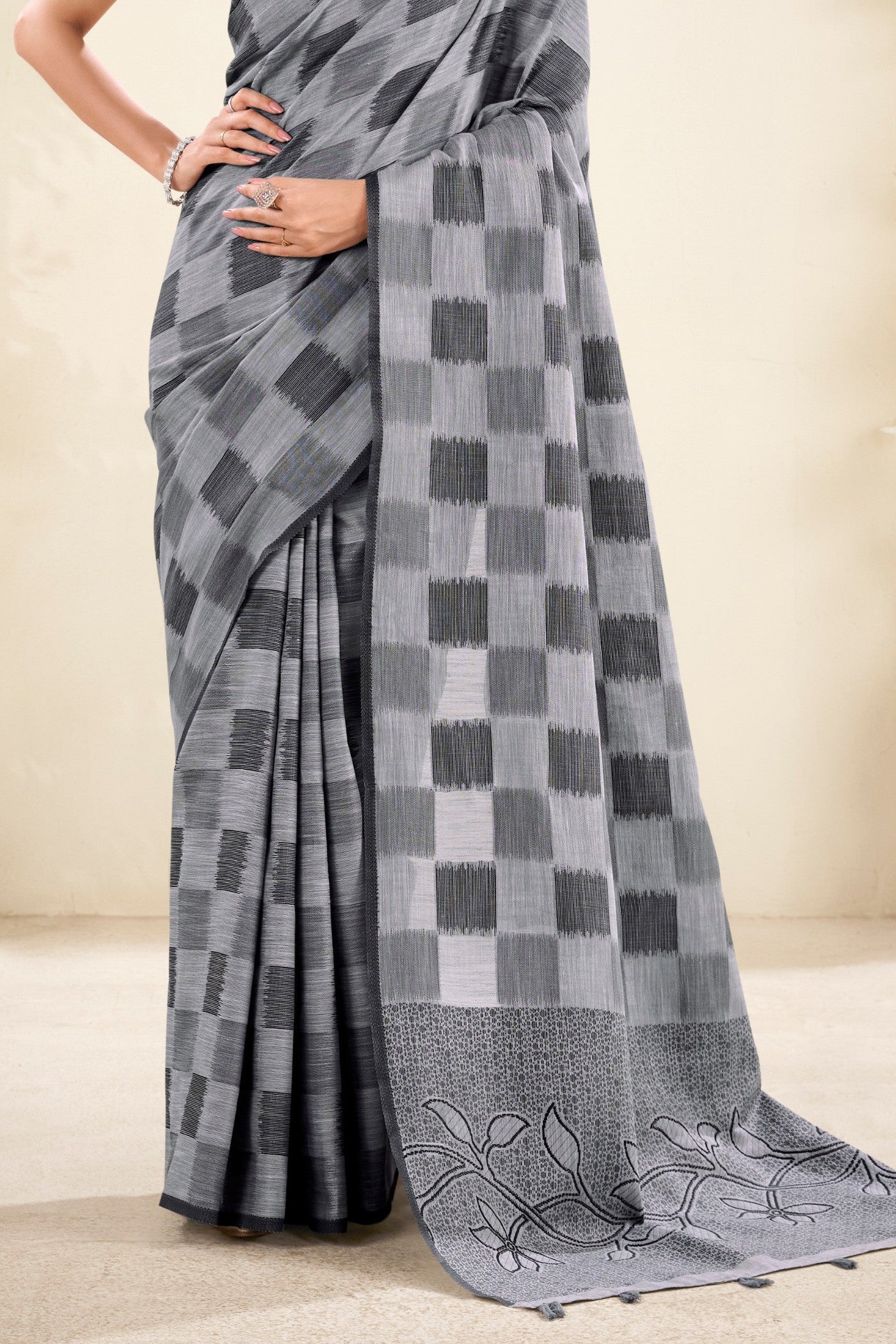 Buy MySilkLove Dust Grey Woven Linen Saree Online