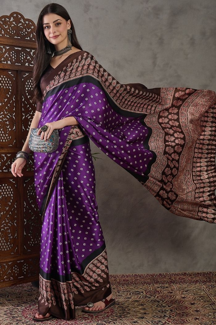 Buy MySilkLove Dark Violet Purple Ajrakh Printed Satin Gaji Silk Saree Online