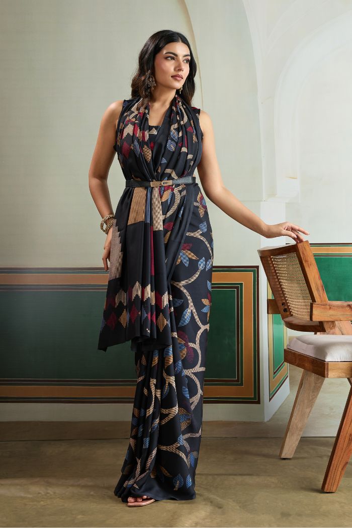 Buy MySilkLove Ink Black Modal Ajrakh Printed Satin Silk Saree Online
